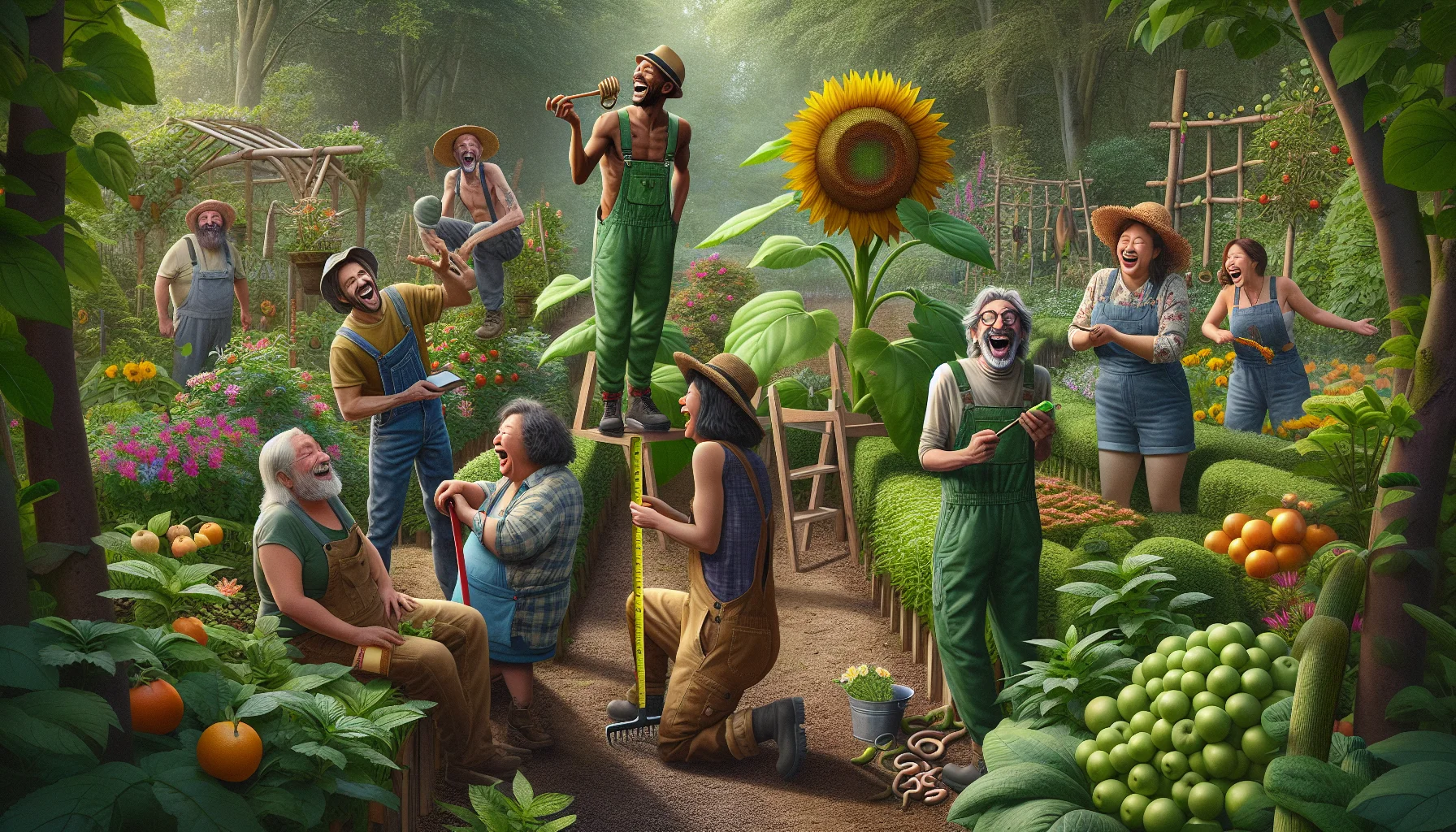 Imagine a hilarious gardening scenario where a group of diverse individuals, each of different genders and descents like Caucasian, Hispanic, South Asian, Black, Middle-Eastern and East Asian, labor cheerily in a richly designed forest garden. Among them, a man with leafy overalls is trying to communicate with a stubborn plant, a woman using a large sunflower as an umbrella and another person attempting to measure a giggling worm with a ruler. The atmosphere is lively and filled with laughter. The diverse ecosystem, tall fruit trees, lush green undergrowth, and winding pathways make the garden a paradise brimming with biodiversity and gardening humor.