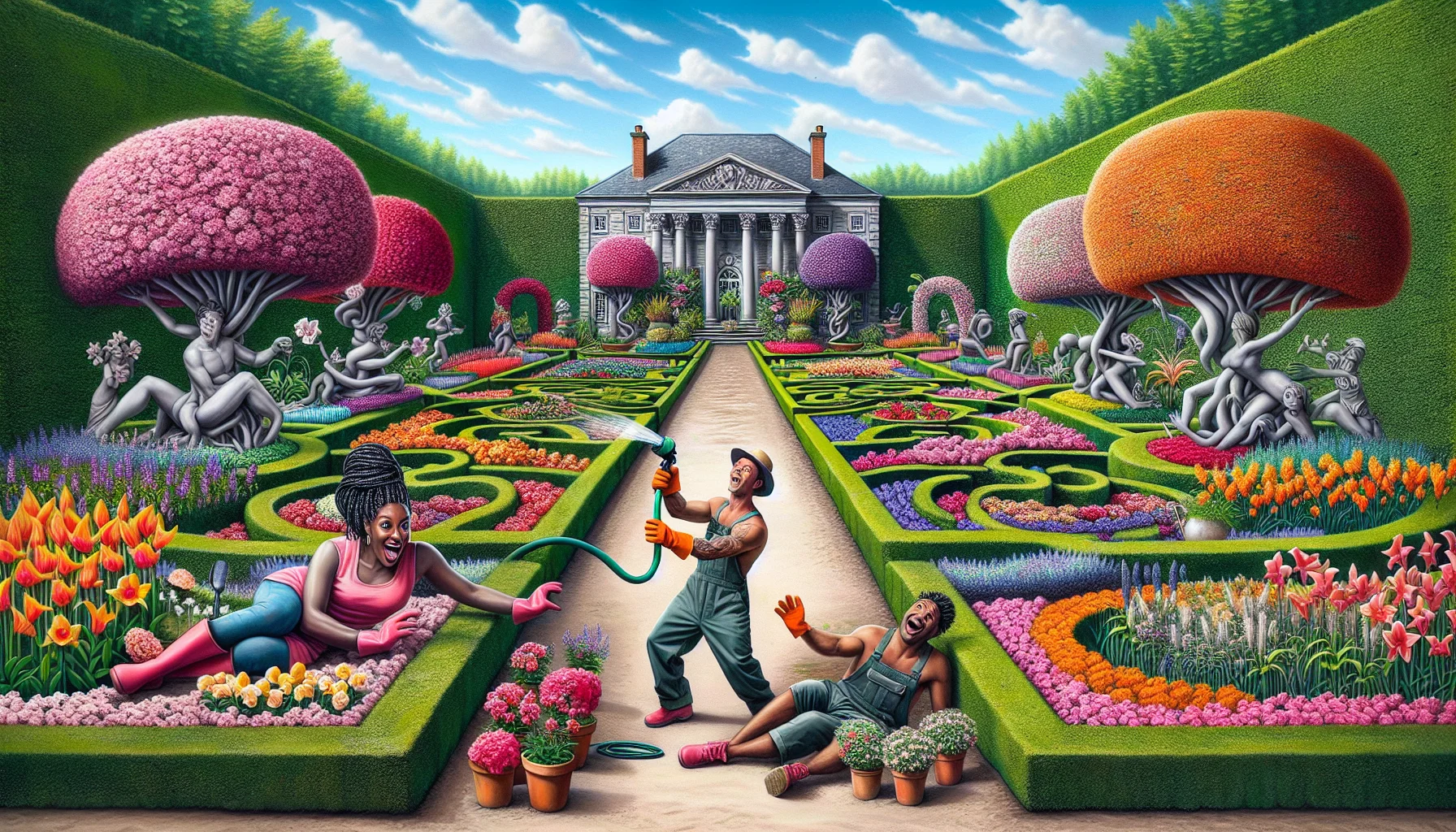 Create an image of a magnificently structured formal garden bursting with a symphony of colorful flowers, neatly trimmed hedges, and tasteful stone pathways. Place it in a humorous context to inspire interest in gardening. Include a snapshot scene of a male Caucasian gardener, wearing a hat and gloves, accidentally turning on a garden hose and getting soaked. Also, depict a black female gardener with braided hair, painted with a surprised expression, laughing as she misplants a flower ridiculously oversized for its pot. The scene should encourage a sense of whimsy and playfulness, showing that gardening also has its fair share of amusing moments.