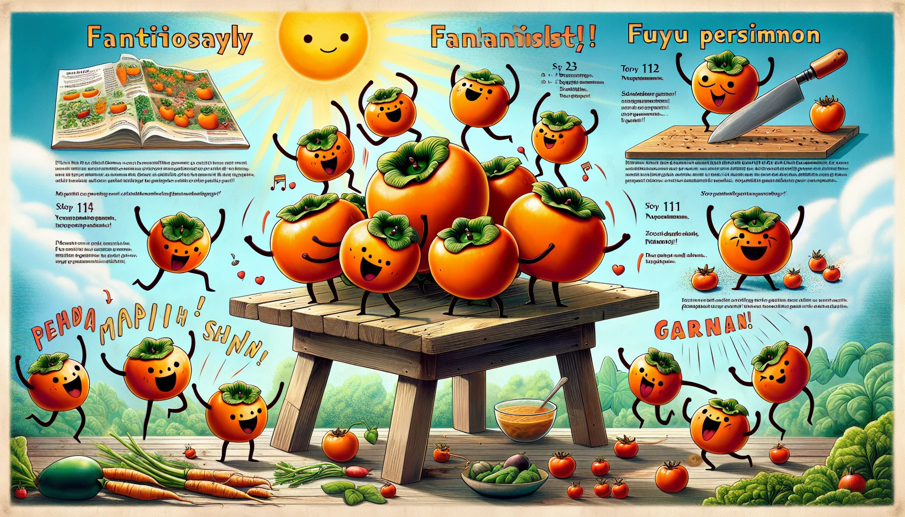 Fantastically, a bunch of fuyu persimmons dance and sing atop a rustic wooden table, playfully inviting people to partake in the joy of gardening. An illustrated, step-by-step recipe for a delightful fuyu persimmon dish covers the background, with the ingredients and process detailed in a simple manner. The scene portrays a sunny garden setting, vibrant and lively, with a variety of vegetables sprouting up from the ground, echoing the exuberance of the fuyu persimmons. The high-resolution image should evoke an approachable, whimsical atmosphere that encourages everyone to embark on their gardening journey.