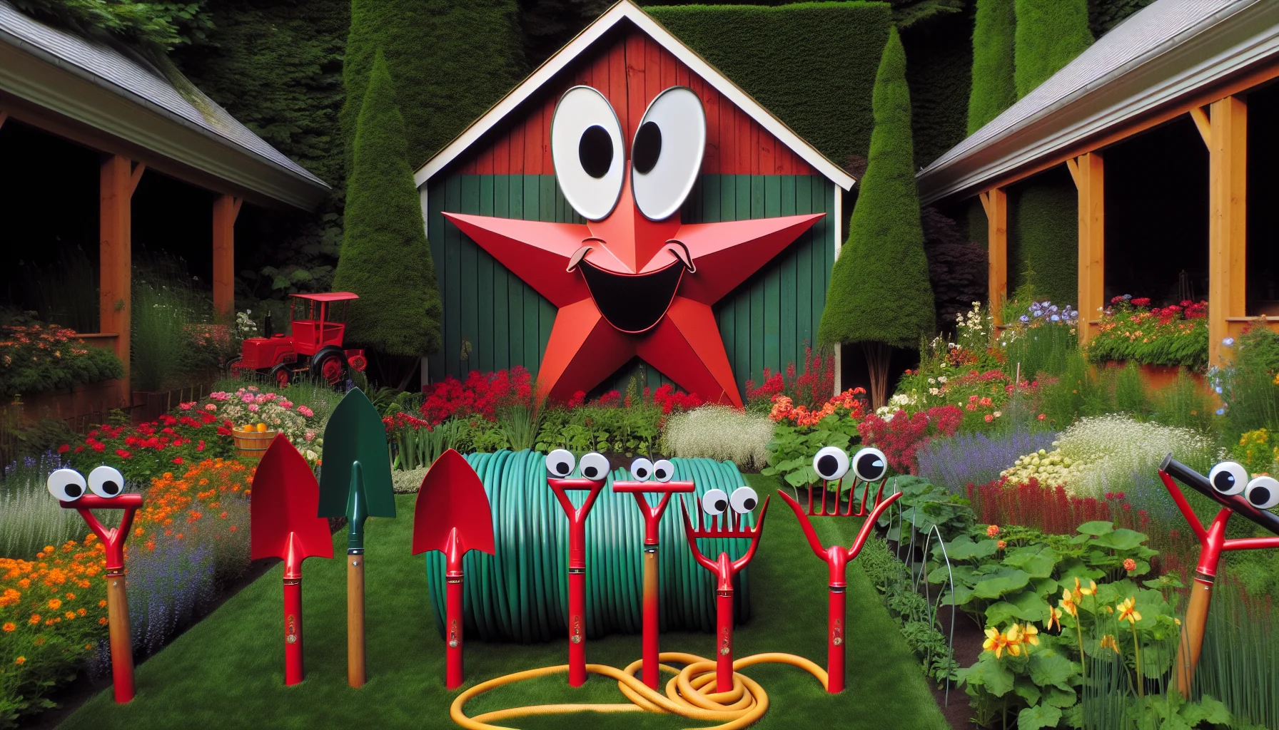 An image showcasing a large red barn star displayed in a lush garden. The garden is filled with a variety of colorful flowers, tall green trees, and a quaint little vegetable patch. The barn star seems to be 'guiding' a group of garden tools that have been whimsically anthropomorphized - a shovel with googly eyes, a rake grinning widely, a hose coiled like a snake, all appearing to follow the star. This charming scenario is intended to evoke a sense of fun and encourage people to take up gardening as a joyful hobby.