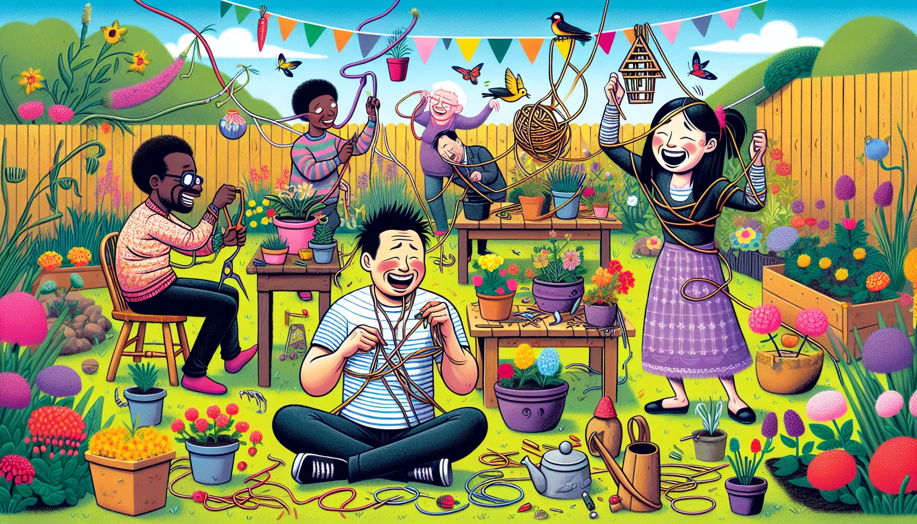 Create a colourful and whimsical illustration of a comedic garden scenario. Picture a group of people of diverse descents such as Asian, Hispanic, Black, and Middle Eastern each engaged in different DIY garden crafts. Perhaps a Middle Eastern gentleman is tangled in a colourful string of flower garlands, while an Asian woman is laughing, holding a crookedly painted pot. A Hispanic girl is seen crafting a clumsy birdhouse, the bird confusedly perching on her head. A Black man is attempting to carve a wooden gnome, yet it appears more like an abstract sculpture. This humorous scene is set in a scenic backyard garden laden with vibrant flora, sprouting veggies, and buzzing insects.