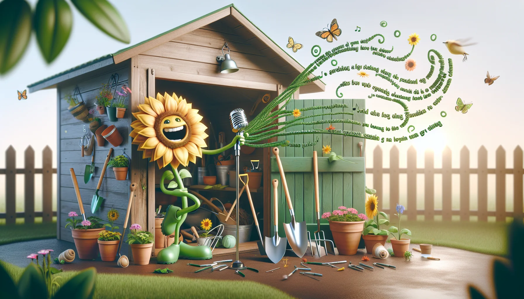 Imagine a lively and amusing gardening scenario. A wooden rustic garden shed is in soft morning sunlight, with its doors wide open, revealing a chaos of gardening tools inside. Leaning against the shed, a cheerful sunflower holds a microphone, singing lyrics about gardening that are displayed in whimsical swirls of green vine-like text around it. A variety of plants and flowers sway playfully as if dancing to the rhythm. There are amused bees, butterflies, and birds gathering around, intrigued by this entertaining spectacle. The scene emphasizing the joy and fun that can be found in gardening.