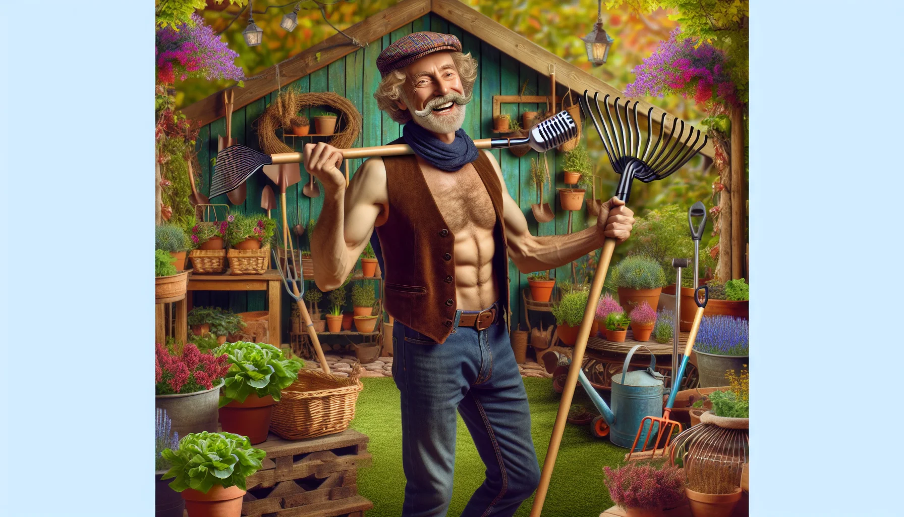 Generate a realistic image of a charismatic and quirky individual who looks traditionally masculine, has a relaxed physique, and bears a cap on his head. This character, who is not any specific person, stands in an enchanting garden shed, surrounded by a variety of plants, gardening tools, and pots. With a big grin, he conducts a mock concert with a rake as his microphone, encouraging everyone around to partake in the joy of gardening.