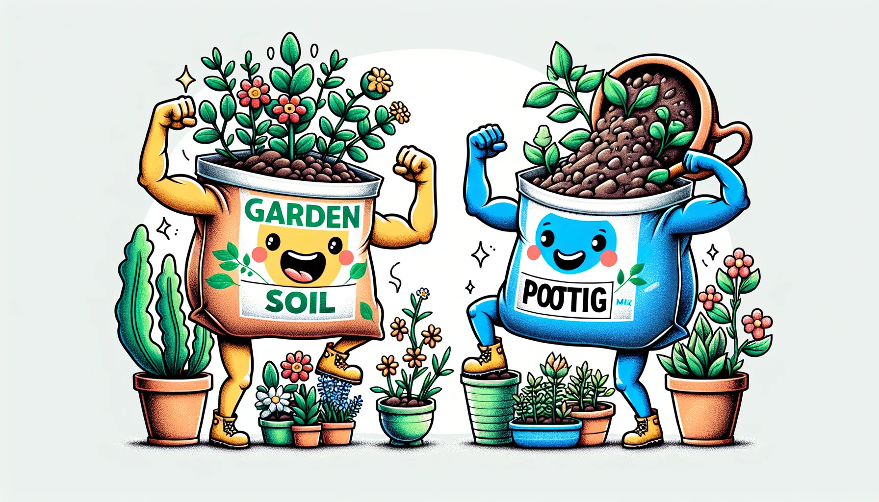 Create a detailed and whimsical image that represents a friendly competition between a bag of garden soil and a bag of potting mix. The bags are personified with joyful faces and waving hands in a garden setting. The garden soil bag flexes its strength, demonstrating its ability to boost outdoor plants. On the other hand, the potting mix bag is depicted nimbly potting an indoor plant while balancing on a flower pot. They are surrounded by happy, healthy plants, thus enticing viewers to explore the joy of gardening.