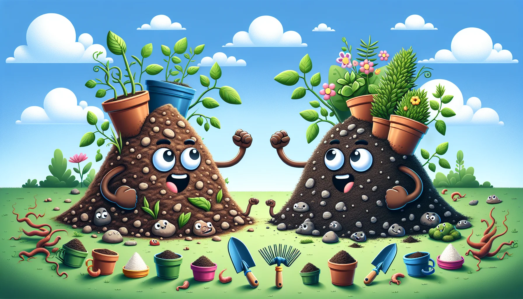 Generate a playful and humorous scene set outdoors, where two animated mounds of soil are depicted as engaging characters in a friendly competition. The one on the left represents garden soil, depicted with a rugged, robust quality, scattered with small rocks, and sprouting with weeds and worms. The mound on the right, representing potting soil, is shown as pile of fluffier, richer soil, embroidered with small white particles of perlite, and sprouting lush, healthy plants. Surround them with vibrant garden tools and plants cheering like a crowd, promoting a joyful atmosphere of gardening.