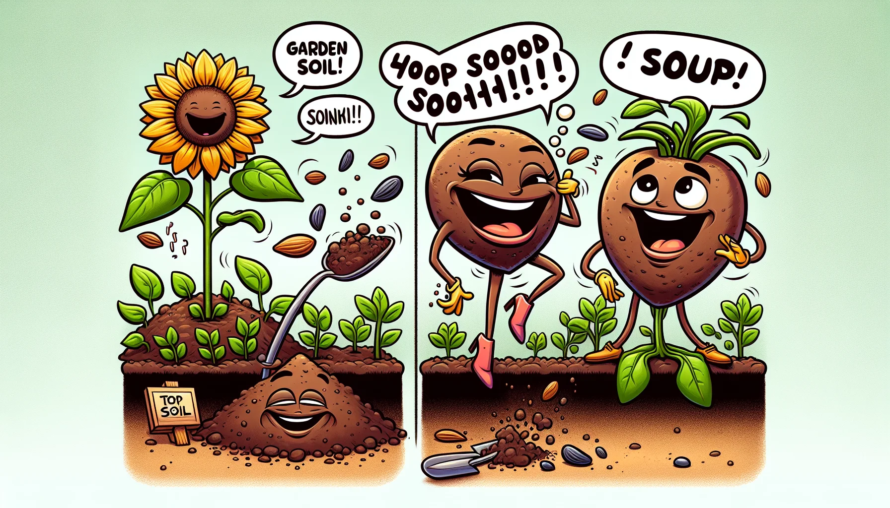 Create an image showing garden soil and top soil as animated, friendly characters in a humorous situation: the garden soil is a jovial, stout female character with rich brown color, laughing heartily, juggling plants while the top soil is a lanky, whimsical male character of a lighter brown shade, snickering as he tries to balance a seed on his tip. Both are surrounded by a garden scene that's ready to be planted. A sunflower in the corner is depicted as a comic strip style 'narrator', teasing the viewer with speech bubbles encouraging them to try gardening.