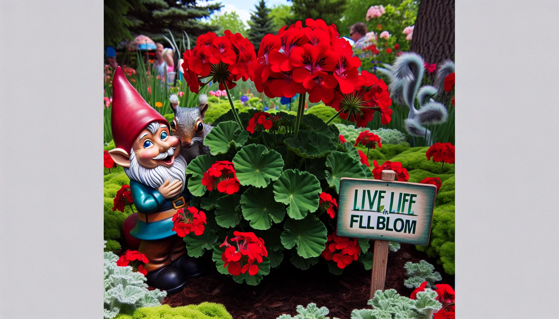 A visually appealing and humor-filled scene centered around a vibrant and flourishing geranium bush. The flowers are intensely red, their leaves a rich green. A garden gnome of Hispanic descent, with a playful smile, is posed as if whispering secrets to the geranium, while a curious squirrel of unusual sky-blue fur color peers from behind the bush. A signboard near the bush humorously reads, 'Live Life in Full Bloom'. This entire scene is set against the backdrop of a verdant garden, demonstrating the joys and wonders of gardening in a fun and engaging manner.