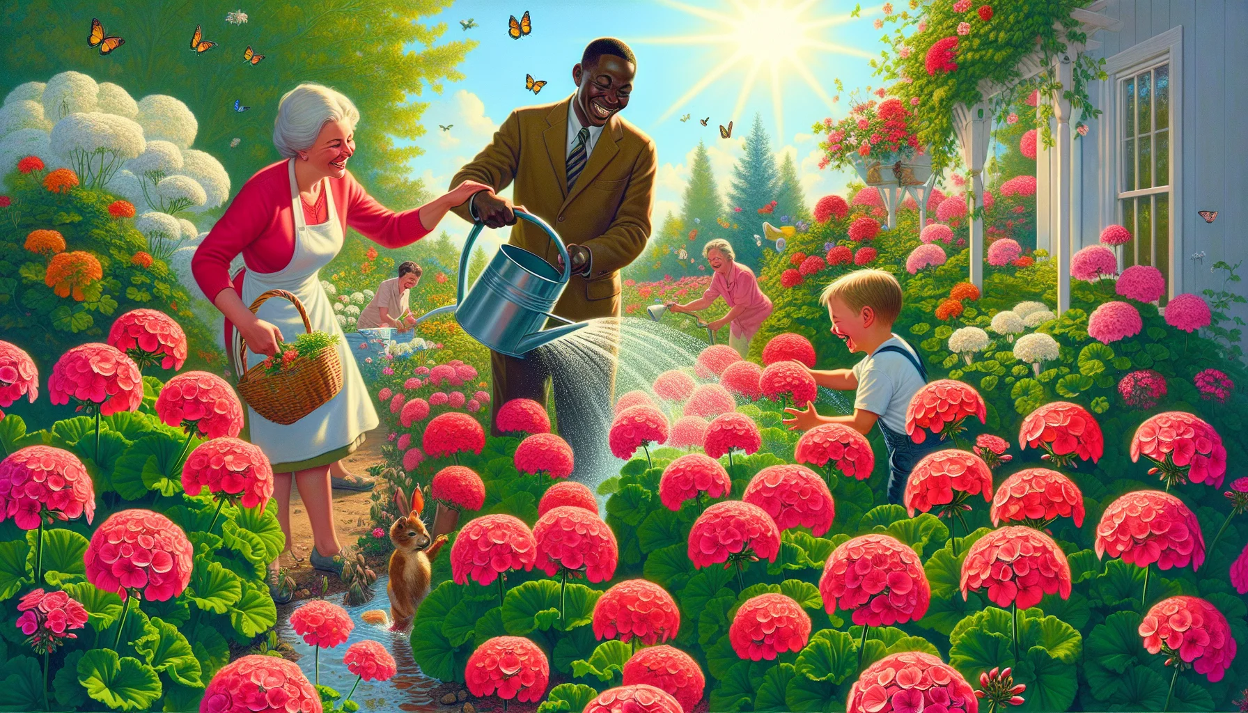Fine art style image of a humorous scene depicting gardening with geranium perennials. The scene features a Caucasian woman and a Black man, both smiling and tending to a garden abundant with vibrant geranium flowers which are humorously oversized, giving the scene an amusing twist. On one side of the garden, we see a mixed race child gleefully watering the flowers, the water sprinkling onto the flowers creates a mini rainbow adding to the charm. The sun is shining bright overhead, the garden teems with life, small creatures like bumblebees and butterflies are seen flying around, contributing to the lively, delightful ambiance.