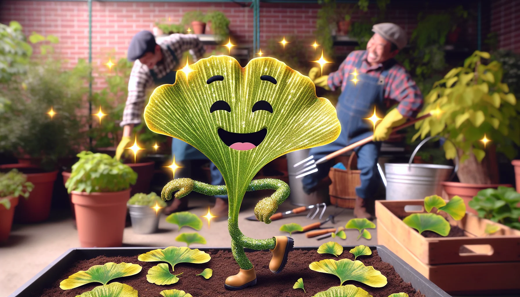 Generate a humorous and engaging image of a sparkling bright ginkgo leaf dancing around happily while gardening. Display human-like, expressive features on the ginkgo leaf encapsulating joy, amusement and life. In the backdrop, demonstrate other miscellaneous plants and gardening tools, literally giggling under the leaf's comedic antics. Let there be a subtle visual sign or symbol providing a hint of the ginkgo leaf's symbolism of longevity, hope, resilience and peace. This lively picture aims to attract and inspire people of all descents and genders to appreciate the beauty of gardening.