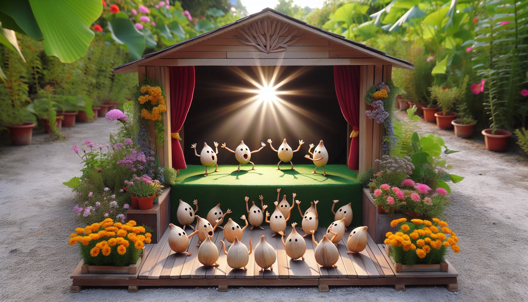 Create an amusing, realistic scene showcasing ginkgo seeds dramatizing a theatrical performance on a small stage built in a garden. Surround the stage with various flowers and plants providing a vibrant backdrop. The ginkgo seeds are anthropomorphized with tiny faces and hands, gesturing dramatically as they put on a lively show about the joys and benefits of gardening. Some seeds could be actors while others form the enthusiastic audience. Have a bright sun directly above illuminating the stage while the rest of the garden is subtly lit, further emphasizing the stage and the performance.