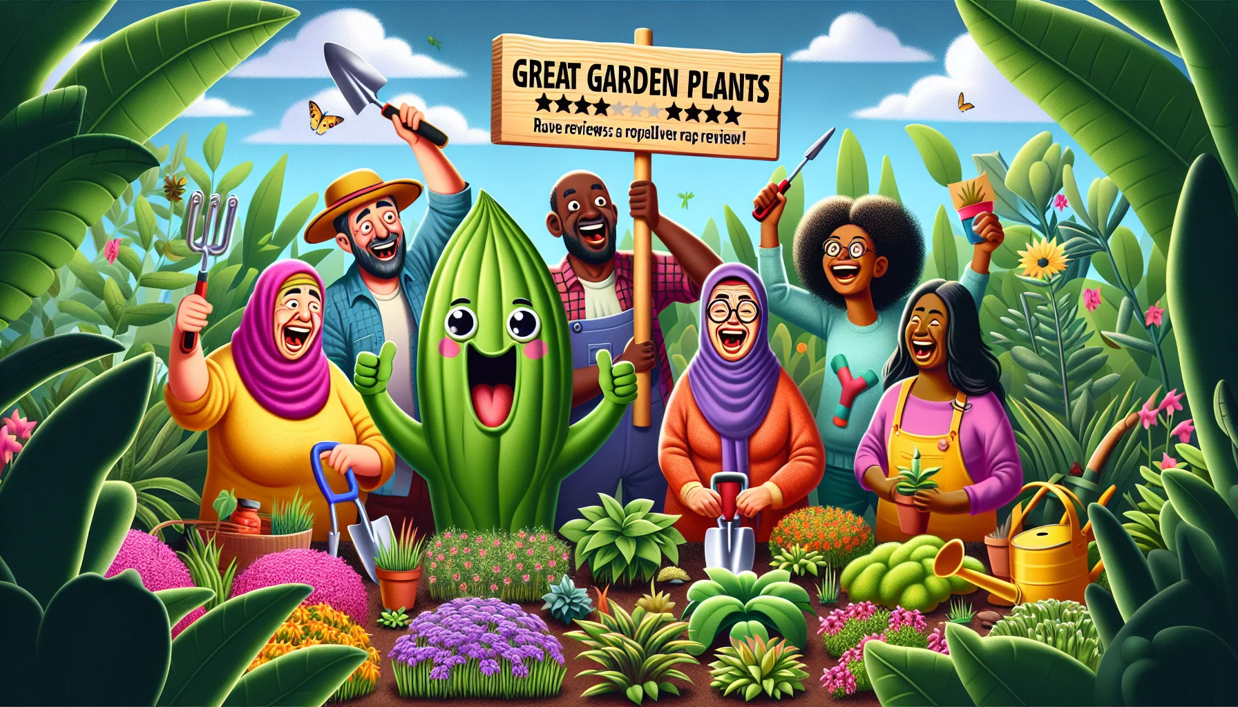Create an engaging and humorous image that portrays gardening as a wonderful activity. In the center, depict a group of diverse people - a Middle-Eastern woman, a Hispanic man, a White man, a Black woman and a South Asian woman, all laughing and engaged in different gardening tasks among a myriad of vibrant plants. Beside them, an oversized plant with a comical face can be seen holding a sign that says 'Great Garden Plants Reviews' with rave reviews inscribed on it. The background should feature lush greenery and a blue sky that augments the beauty of the scene.