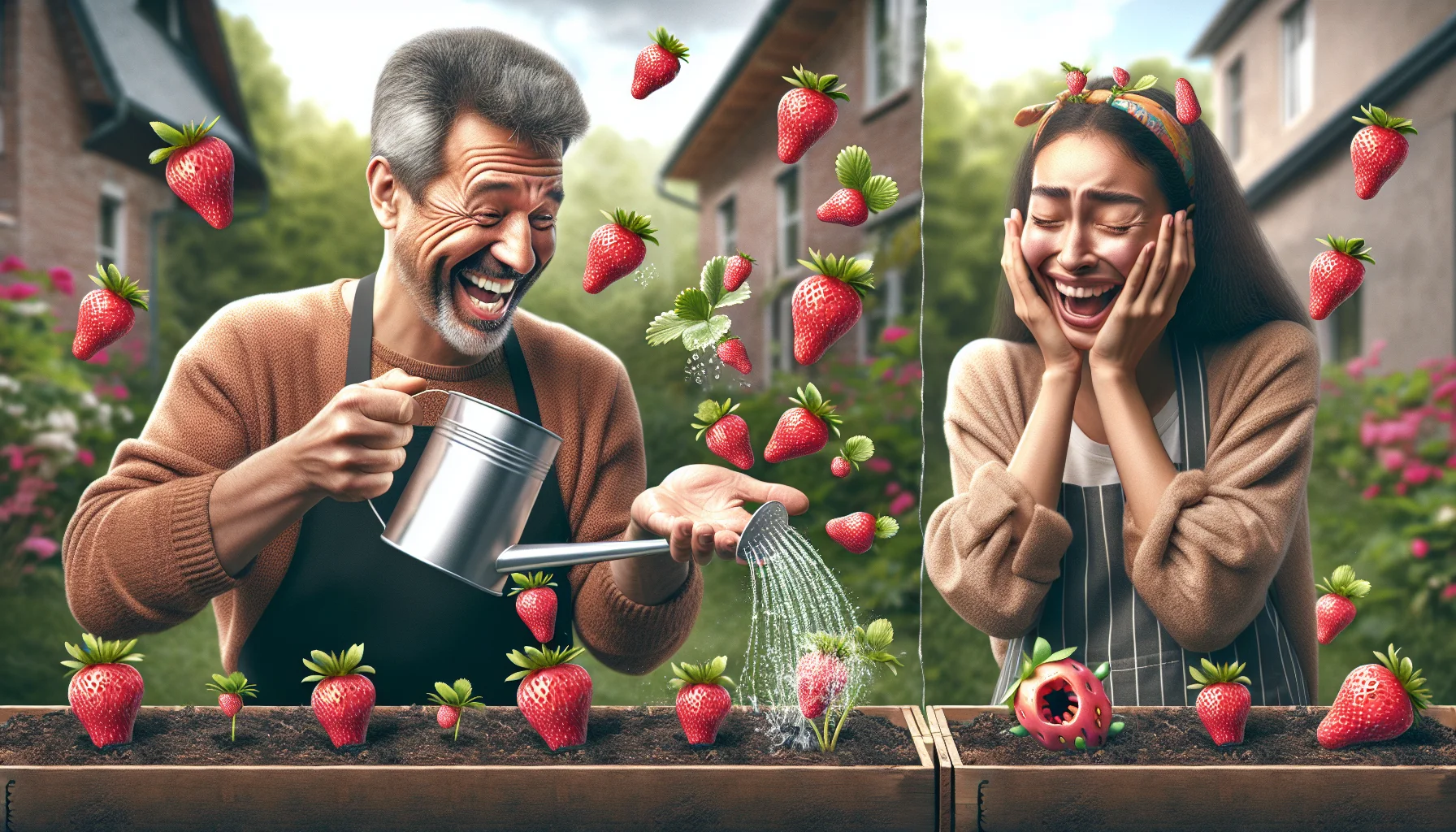 Craft a lively and humorous image of strawberry plants sprouting from seeds. Let's illustrate this in a backyard garden, where a middle-aged Hispanic man with a charming smile is showering the plants with a watering can. Suddenly, to his surprise, full-sized strawberries pop out instantly right after the water touches the seeds. In another corner, a young Caucasian woman, engaged in the scenario, laughing out loud and dropping her gardening tools in astonishment. Their expressions should emphasize the joy of gardening and the unexpected, almost magic-like growth of the strawberries.
