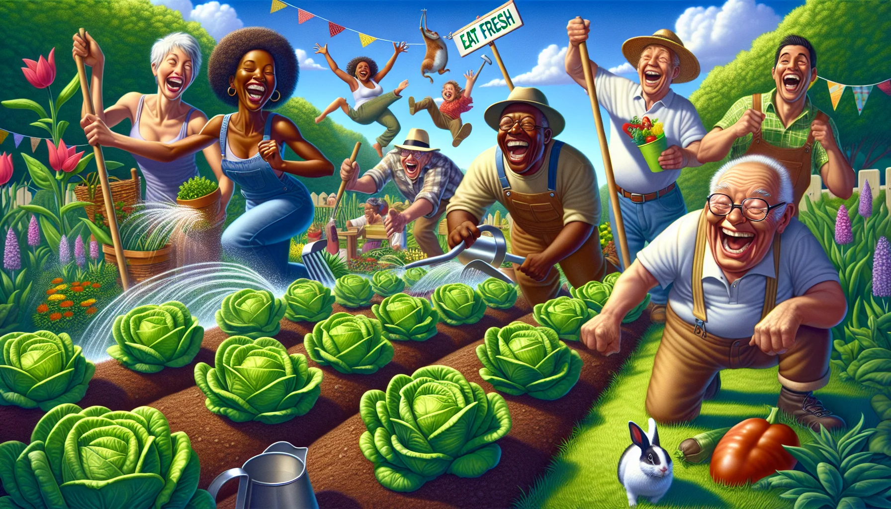 Skilfully depict a humorous scenario that urges people to enjoy the beauty of gardening. The focus of this energetic scene should be on growing bibb lettuce. In the foreground, portray an array of vibrant, healthy bibb lettuce heads sprouting enthusiastically from the ground. Surrounding them, showcase a diverse group of joyful individuals having a blast while gardening. A black woman is lovingly watering the vegetables, while a Hispanic man, laughing heartily, chases a rabbit, a common garden intruder, away with a garden rake. Directly behind them, a Caucasian elderly gentleman is seen chuckling while hanging an 'Eat Fresh' sign near the lettuce bed. In the background, highlight a sunny day, blue skies, and lush green vegetation, embodying the life and vigor that gardening can bring.