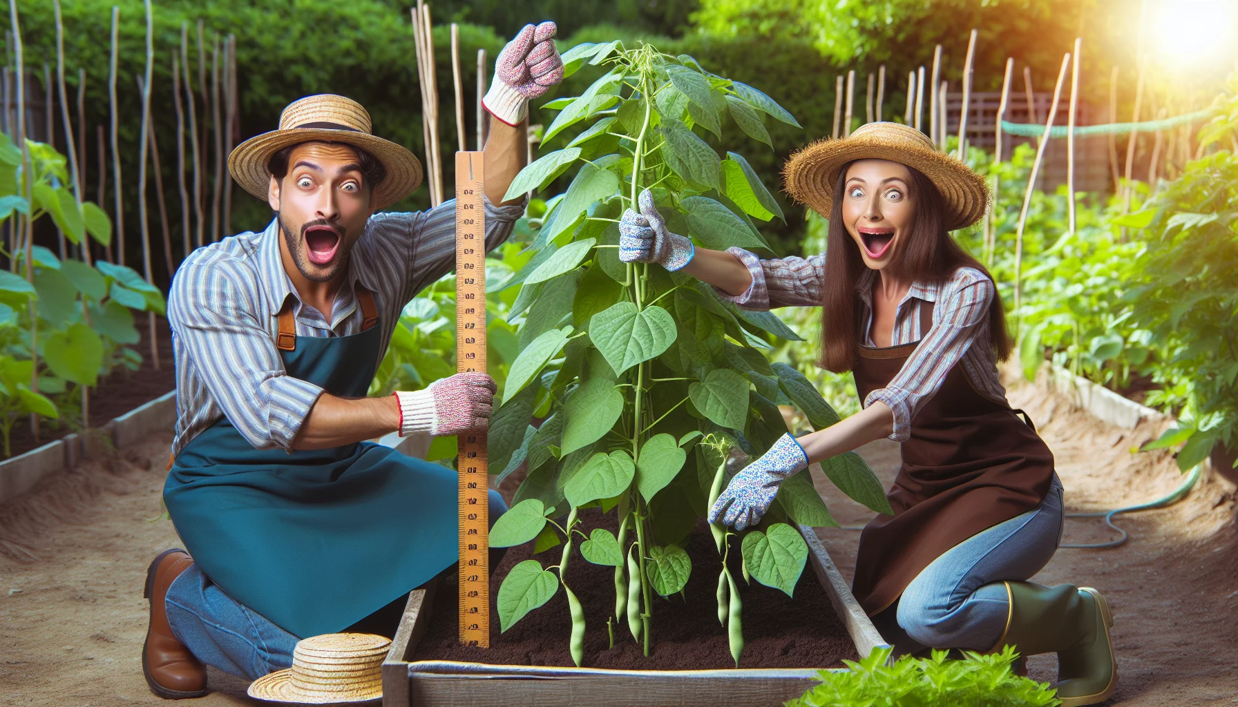 Create a humorous and realistic image focusing on the joy of gardening. The main focus of this image will be growing bush beans. Imagine a scene where a Caucasian male gardener and a Hispanic female gardener, both in their gardening attire: straw hats, gloves and aprons, are in a friendly competition. They're each holding a ruler, measuring the height of their respective bush bean plants, displaying exaggerated expressions of amazement. The garden is absolutely lush, teeming with various vegetable plants. It's a cheerful and charming image that highlights the rewarding aspect of gardening.