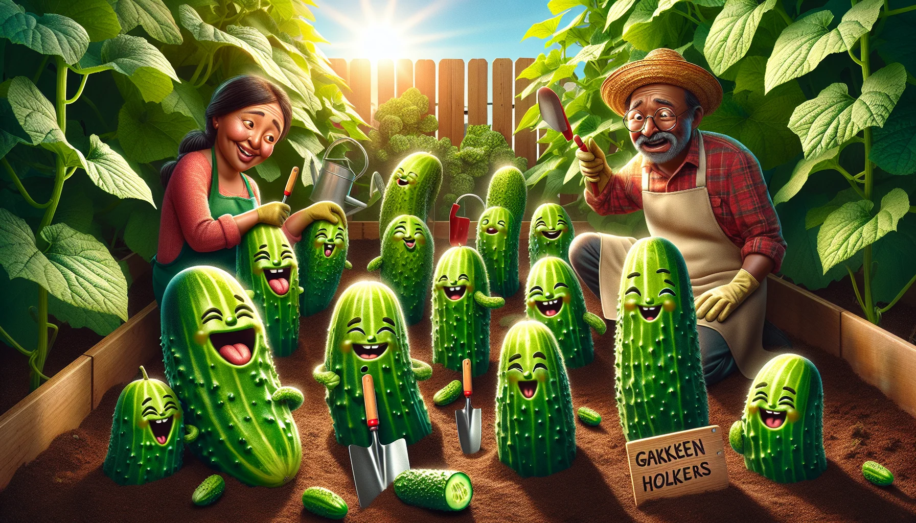 Create a lively and amusing scene of gardening where a variety of bush cucumbers thrive within a small garden plot. Each cucumber takes on a comical character, with little faces etched onto the plump, green fruit. A South Asian woman and a Black man, both in their gardening attire, look surprised and delighted by their unusually expressive harvest. Bright sunshine fills the scene, highlighting the rich green plants, the fresh earth and the dazzlingly colorful gardening tools. This scene invites the viewer to consider the joy and surprises nature holds, encouraging a love for gardening.