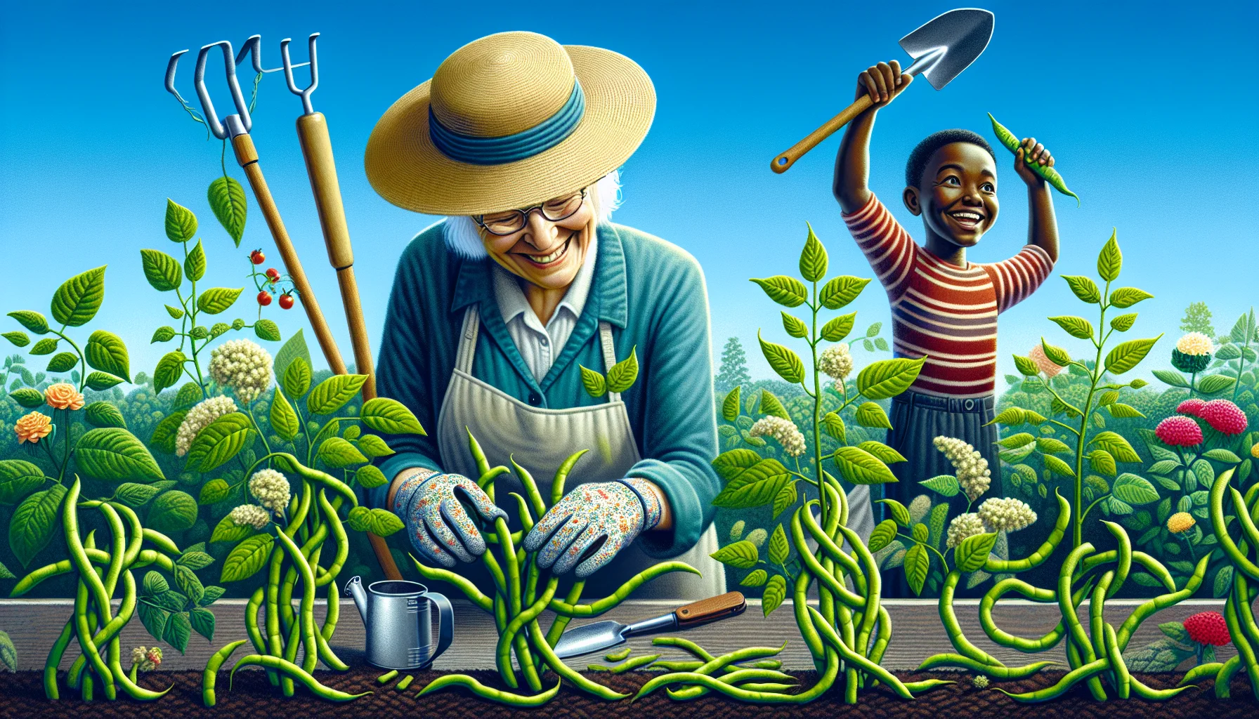 Create an amusing and inviting scene of gardening. The main focus is bush green beans that are humorously growing into twisted shapes and patterns. The beans are on sturdy plants with deep green leaves. A happy White woman in her 60s with a wide-brimmed hat is tenderly caring for the plants, armed with gardening tools. A mischievous Black boy around 10 years old is gleefully picking the unusually shaped beans. The entire scene is under a perfectly clear blue sky, full of warmth and cheerfulness, exuding a sense of joy and satisfaction given only by interacting with nature.