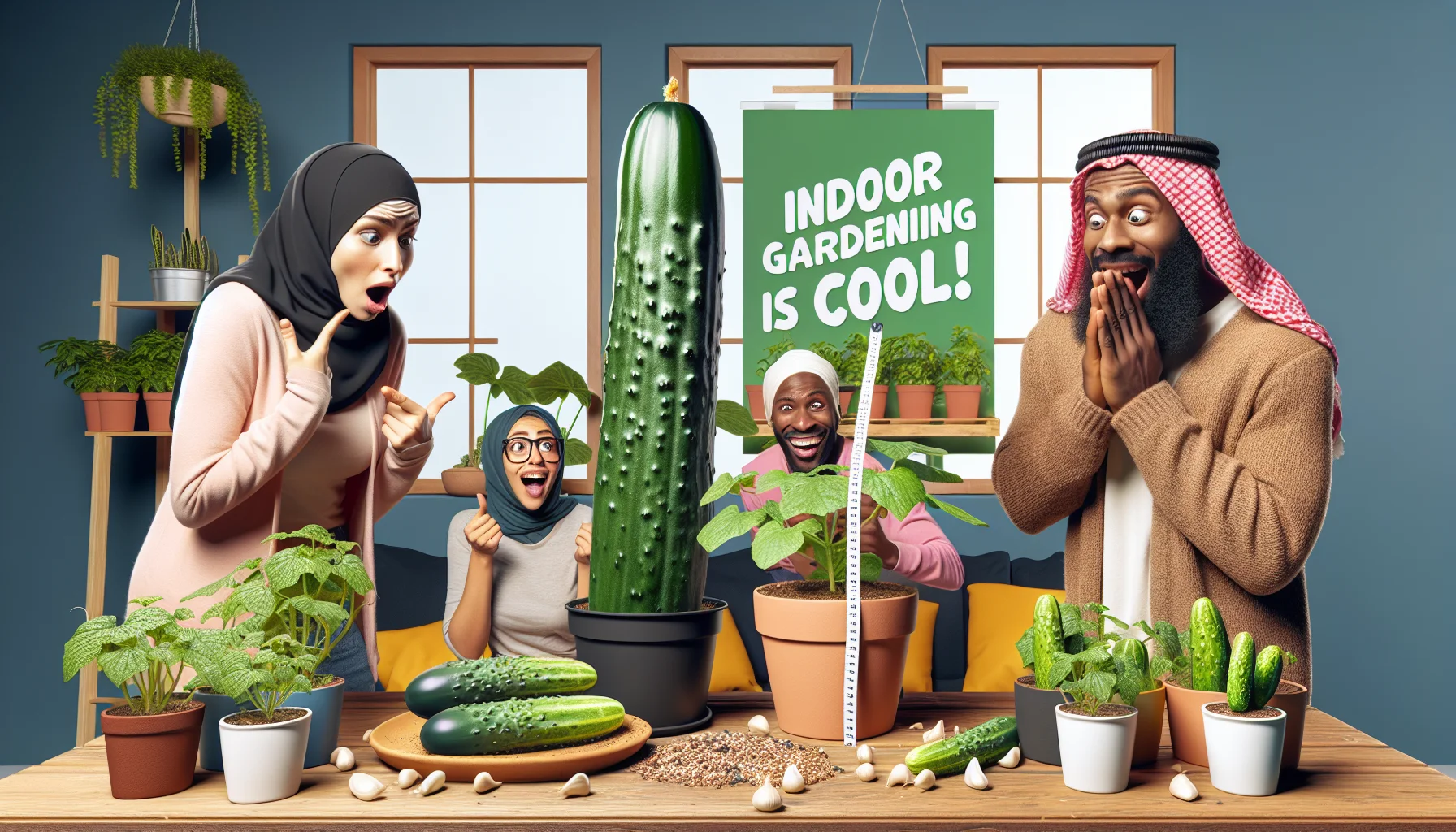 A humorous, realistic scenario in an indoor setting focused on cucumbers growing in pots. Spend time to showcase the advancements of the plants from seeds to fully grown cucumbers. Include various indoor plants around to enhance the lush, green environment. Let's have human characters interacting with these cucumbers, such as a surprised Middle-Eastern woman noticing a cucumber that's grown larger than usual, and a Black male laughing aloud while measuring the length of another cucumber. In the background, put up a poster saying 'Indoor Gardening is Cool!' to bring joy, relaxation and promote the benefits of gardening.