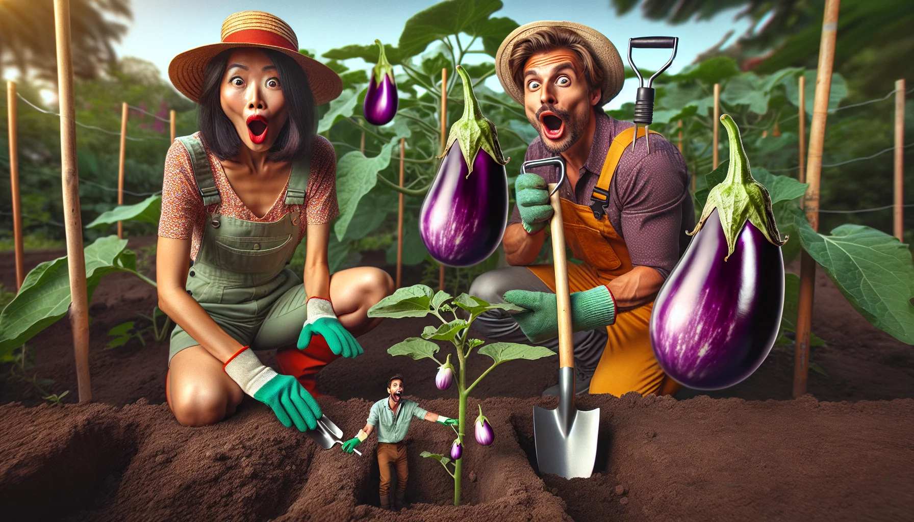 Create a vibrant and realistic image showcasing a highly humorous scenario of gardening. Show a Caucasian man and a South Asian woman working together to plant seeds in a garden. They're wearing colorful gardening attire, complete with gloves and hats. They hold a tiny spade and a pack of eggplant seeds with a look of exaggerated shock and surprise, as if they believe a huge eggplant will sprout immediately after planting the seeds. Behind them, an eggplant plant is already bearing oversized, ripe, and shiny eggplants ready to be harvested, adding to the comedy of the situation. Illustrate the joy and fun of growing your own produce to entice people to enjoy gardening.