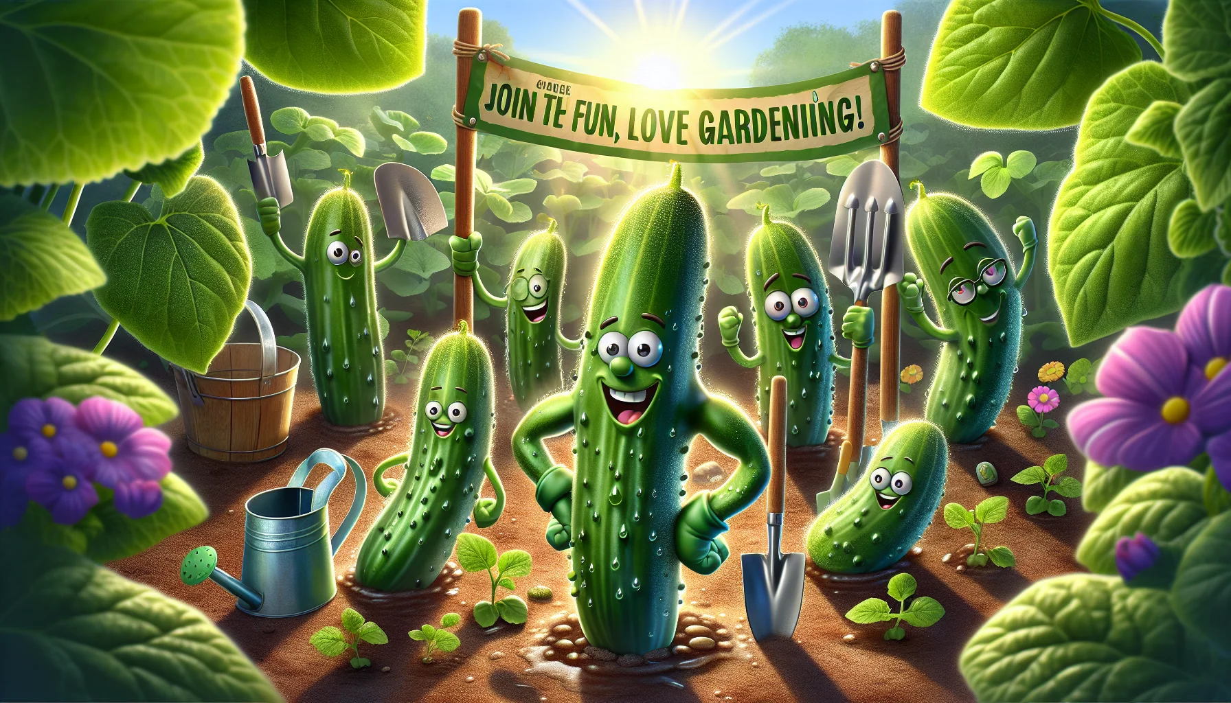 Imagine a whimsical scenario in a garden. Gleaming under the rising sun, freshly watered English cucumbers are growing lushly amidst thick, green leaves that glisten with dew drops. Suddenly, they sprout cartoonish, expressive eyes and flex their muscles, showcasing their impressive growth. In the backdrop, joyous garden tools - a shovel, a watering can, a pair of gardening gloves - are animated and cheering the cucumbers on. They are holding a banner that reads 'Join the Fun, Love Gardening!'. The image portrays the fun and rewarding aspect of gardening in a light-hearted, appealing manner.