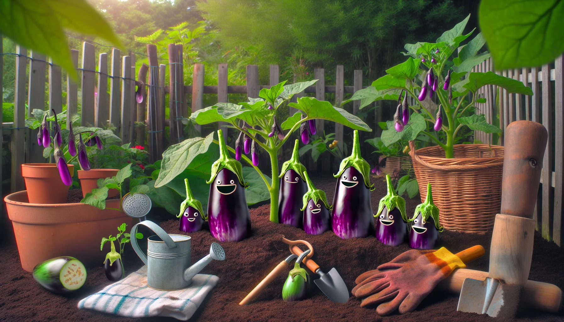 Create a humorous and captivating image featuring healthy Japanese eggplants growing in a welcoming garden. Perhaps they have taken on an unexpected shape or are participating in a playful scenario that invites viewers into the magic of gardening. The scene should be saturated with vibrant colors—lush green leaves, deep purple eggplants, rich brown soil—and filled with quaint gardening tools, like a rustic watering can and several gently worn gloves. It exudes such a joyous and somewhat idyllic aura that people cannot help but feel inspired to try their hand at gardening.