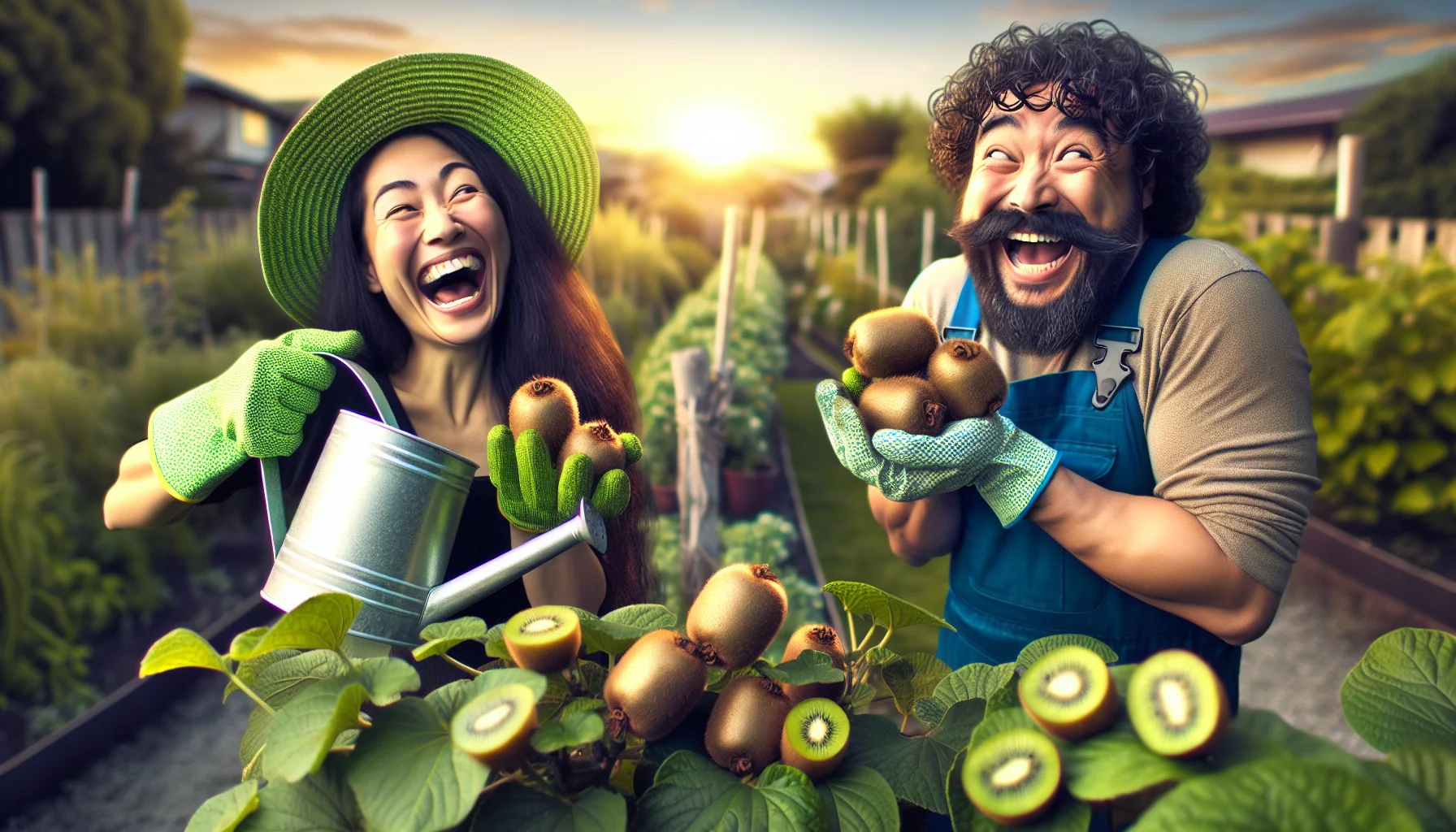 Imagine an amusing scene highlighting the joys of gardening. On the left, an adult Hispanic female, wearing a bright green gardening hat and gloves, is laughing heartily as she holds a watering can over a kiwi vine laden with ripe fruits. On the right, a jovial South-Asian male, dressed in blue overalls, is playfully juggling three kiwi fruits, with a look of excitement. The vine is growing in a beautiful garden bed, lush and full of various plants. In the background, the sun is setting, casting a warm golden light on this heartwarming scene.