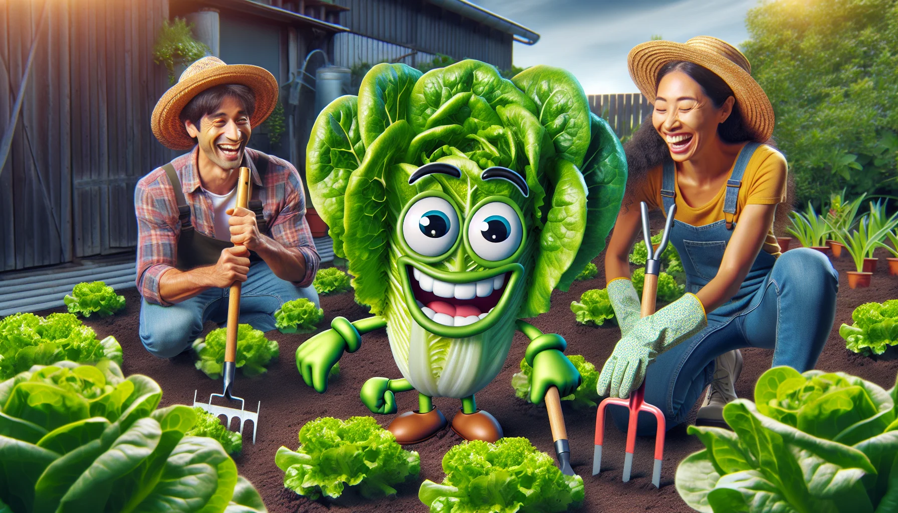 A captivating image showing the lighter side of gardening. In the center is a vibrant, lush, and growing lettuce with oversized leaves. The lettuce has cartoonish eyes and a broad smile, and it's holding a tiny rake, giving the humorous impression that it's helping in the cultivation of its own kind. Surrounding the animated lettuce are several other regular-sized, healthy lettuce plants. A South Asian man on the left and a Hispanic woman on the right, both wearing sun hats and gardening gloves, are laughing joyfully as they witness the amusing spectacle. This image serves as an enticing depiction of the joys of gardening.