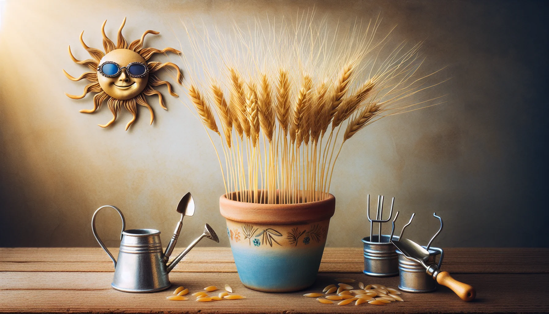 Create a surreal and captivating image that brings humor into gardening. Picture long, golden strands of wheat growing high and mightily from a small, pastel-blue ceramic pot that sits on a rustic wooden table. A miniature, handcrafted, silver gardening tool set appears propped against the pot, suggesting the straw is being actively gardened. A few straw stalks are tangled, seemingly drawn into a farcical ballet of growth and collaboration, encouraging an amusing anthropomorphic endeavor. A fanciful sun, wearing chic sunglasses and flashing a dazzling, radiant smile, hovers in the background, providing a whimsical touch. Let this image stir laughter, and inspire individuals of all descents and gender to embark upon their gardening pursuits.