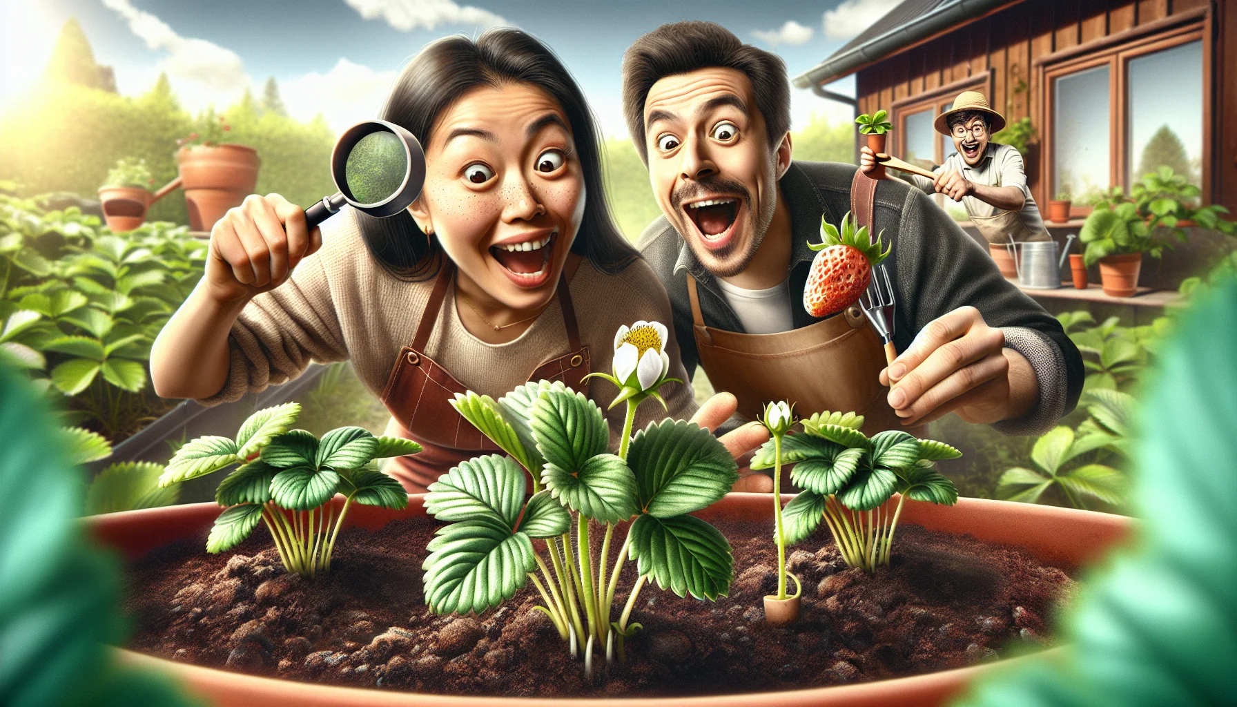A realistic and amusing scene of gardening at home. The main focus of the image is a Hispanic woman and an Asian man, both in their gardening attire, cheerfully engaged in the process of growing strawberries from seeds. The luscious green strawberry plants are gradually sprouting from the rich, dark soil in clay pots, their tiny white flowers just beginning to bloom. The woman is humorously holding a magnifying glass over the budding strawberries, her eyes wide in feigned surprise, while the man is comically thumping a tiny drum as if encouraging the seeds to grow. The background includes a sunny day and a typical home garden ambiance to inspire people for gardening enjoyment.