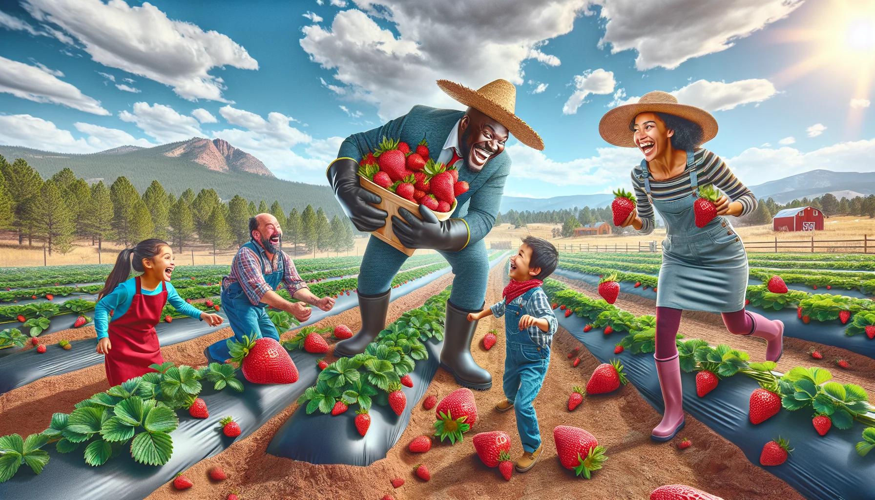 Create an amusing and enticing image to promote gardening. The setting is Colorado, where strawberry plants are flourishing under the blue sky. On the plot of land, an adult Hispanic man and an adult Black woman, both draped in gardening outfits, are engaging in a friendly strawberry harvesting competition. Their faces are filled with delight as they race to pick the most strawberries. Meanwhile, a group of children of various descents are laughing, running around and playing with the odd oversized strawberry left unintentionally by the gardeners. Make sure the image showcases the beauty of Colorado and the joy of gardening.