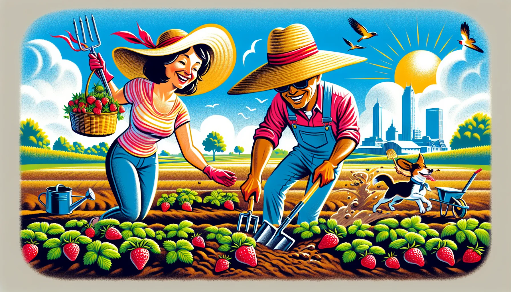 Create a vivid and amusing image depicting a gardening scene in Ohio. Imagine a tall Caucasian woman and a shorter Hispanic man, both wearing vibrant gardening clothes and big sun hats. They are joyously engaged in a friendly gardening 'race', planting bright red strawberries in brown, fertile soil. The sun is shining, birds are chirping, with a backdrop of a typical Ohio landscape. Gardening tools are scattered around, and a playful dog is running in the foreground. This scene should inspire fun and enjoyment, showing gardening as a lively, entertaining occupation rather than a chore.