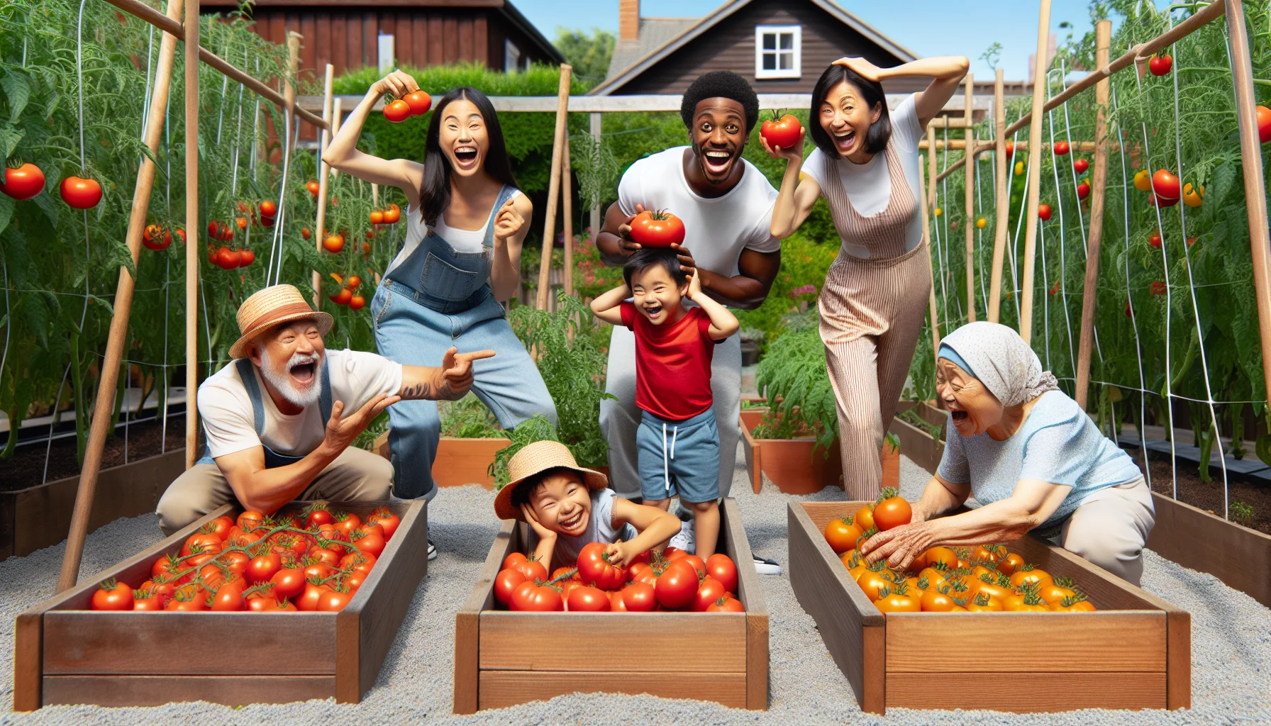 Imagine a comical and light-hearted scene of a diverse group of people enjoying a sunny day in their backyard garden. There are raised wooden beds flourishing with ripe, red tomatoes. An Asian woman and a black man are laughing as they kneel beside the beds, picking the plump, juicy fruits. A Middle-Eastern child is attempting to balance a tomato on his head with a cheeky grin, while an elderly Hispanic woman playfully scolds him. The image induces a sense of fun and playfulness, indirectly encouraging others to engage in such rewarding activities like gardening.
