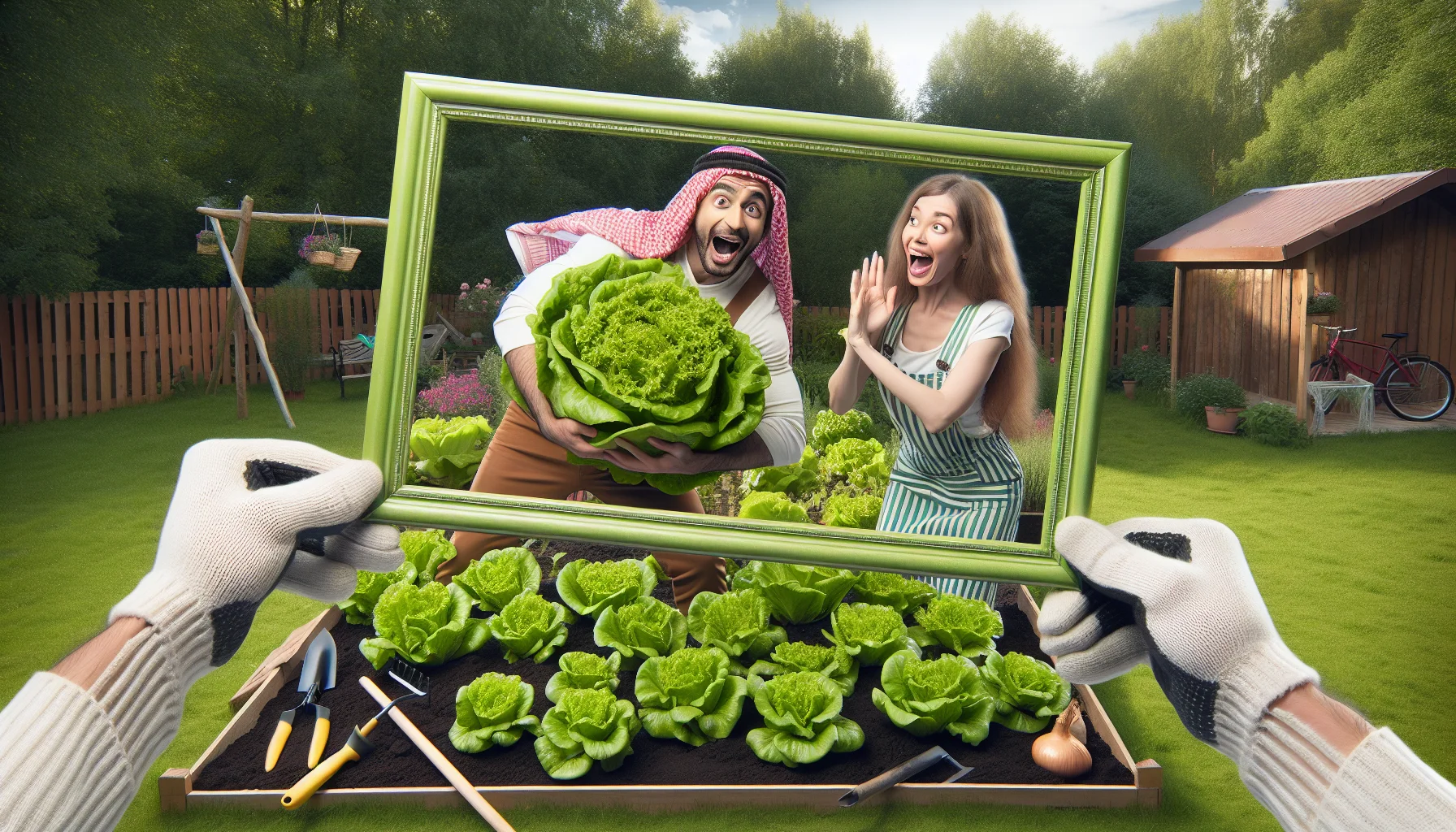 In a playful and humour-filled scenario, Imagine a Middle-Eastern man and a Caucasian woman indulging in gardening. They are delightfully taken aback by the gigantic size of their harvest lettuce which has grown as tall as them. Their eyes are lit up in laughter and the man is comically attempting to carry the huge lettuce with both of his arms. The woman is pointing towards the oversized vegetable expressing her disbelief. Their tools of gardening are nearby, illustrating their hard work. Through a picture frame, capture the joys of gardening oozing from every corner of their lush green garden.