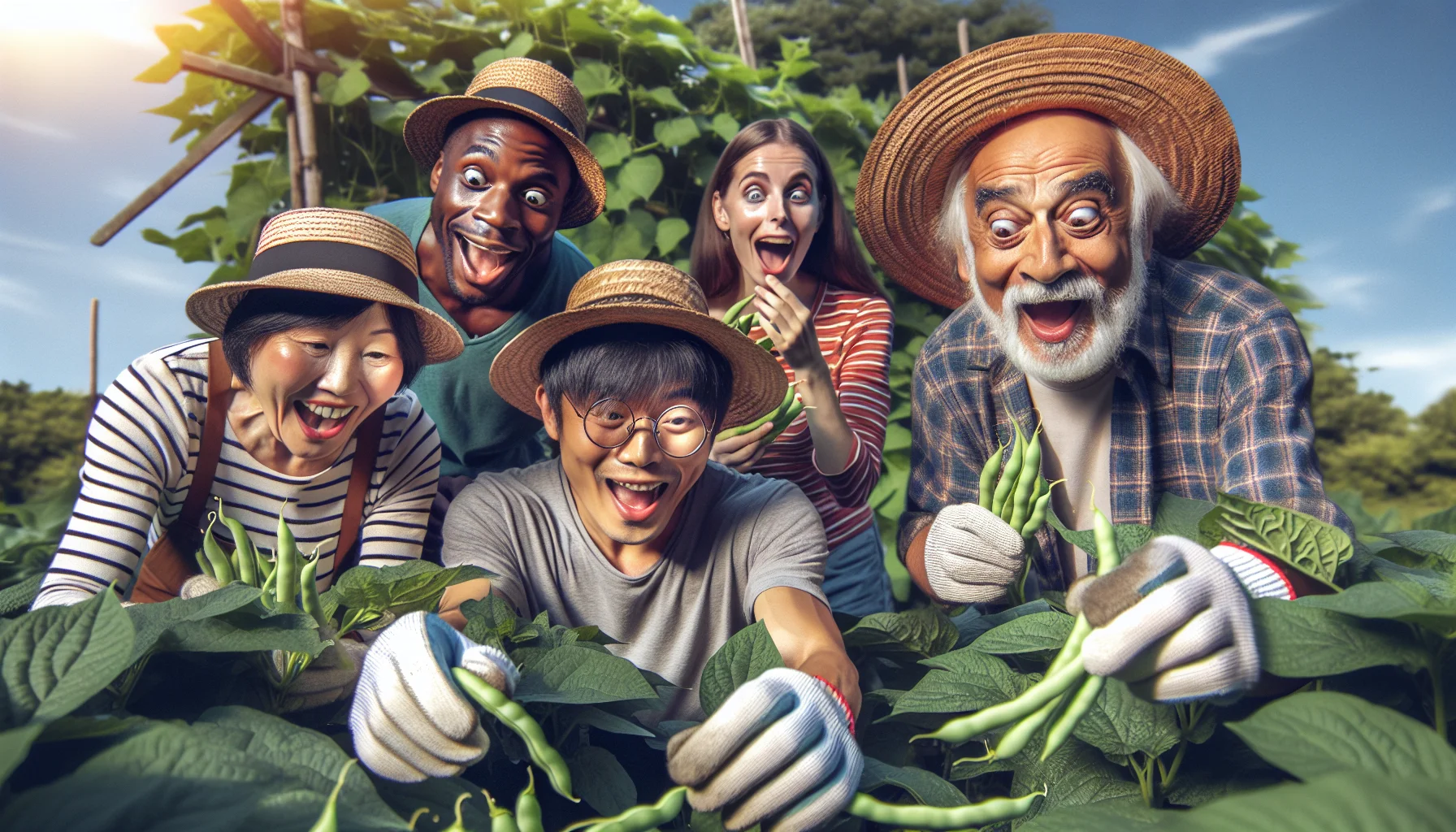Create an amusing image of a diverse group of people spending a sunny day in a large vegetable garden. Show an East Asian woman, a Black man, a Caucasian teenager, and a South Asian elderly man jovially partaking in the act of harvesting green beans. Their faces express delight and surprise as they discover large, plump beans hiding among the foliage. Some of them wear comically oversized gardening gloves and straw hats with feathers. A playful atmosphere permeates the scene, with vibrant colors and soft shadows intertwining, thus highlighting the joys of gardening.