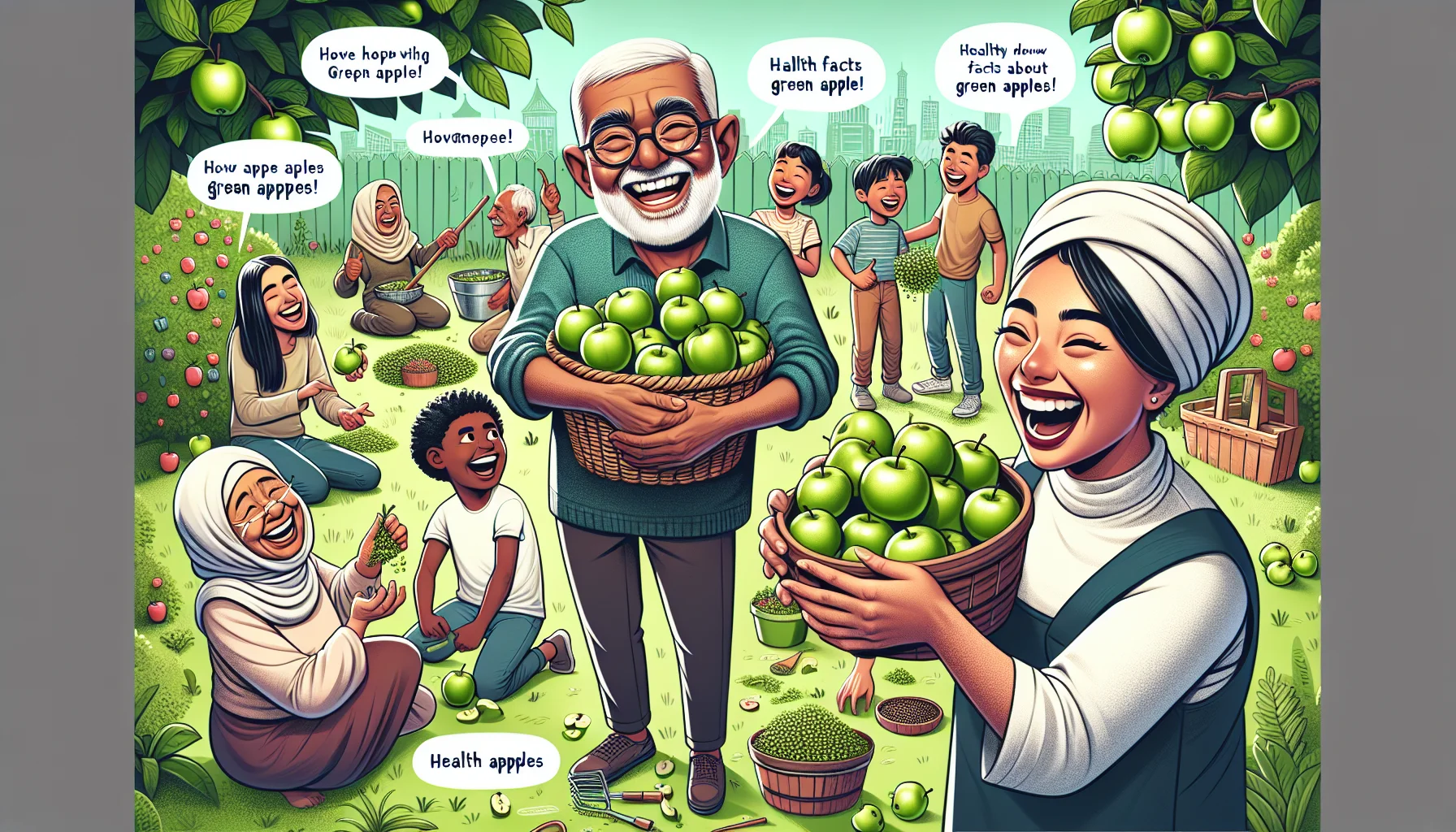 Create a fun and engaging image that humorously emphasizes the health benefits of green apples. Picture an afternoon in a lush garden, with a variety of people of different ages, genders, and ethnic backgrounds all busily engaged in gardening activities. A sprightly older South Asian gentleman offers a basket filled with shiny green apples. A young Black girl is laughing heartily as she reaches for an apple. Nearby, a Middle-Eastern woman is showing her White son how to plant apple seeds, while Hispanic teenagers are jokingly comparing the sizes of the apples they've gathered. Messages highlighting health facts about green apples creatively popup around the image.