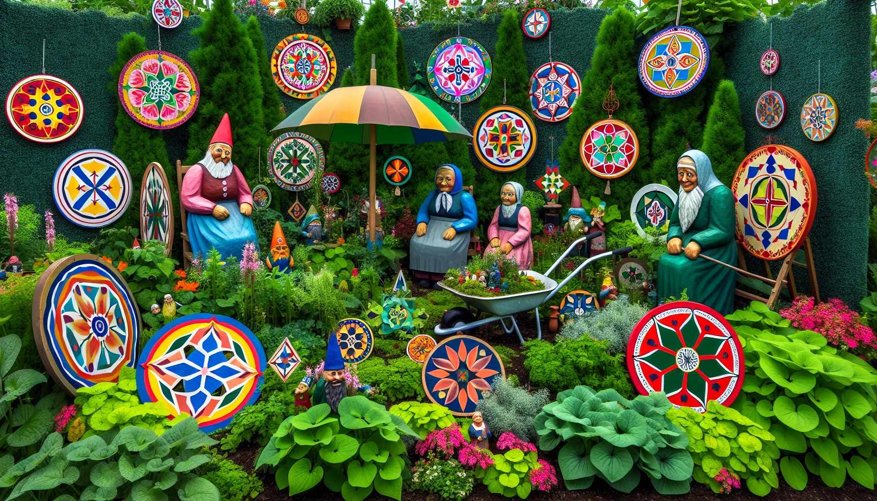 Create an amusing, vivid scene in a lush garden, where hex signs are distinctly displayed. Some of these colorful, circular folk art symbols are humorously integrated into the garden scene, such as a hex sign acting as an umbrella for a gnome or used as a wheelbarrow wheel. Among the plants, we see people, diverse in descent and gender, looking captivated and a little bewildered by these quirky decorations, their expressions suggesting a contagious enthusiasm for gardening. Bright shades of greens from plants and vibrant colors from the hex signs attractively contrast with each other.