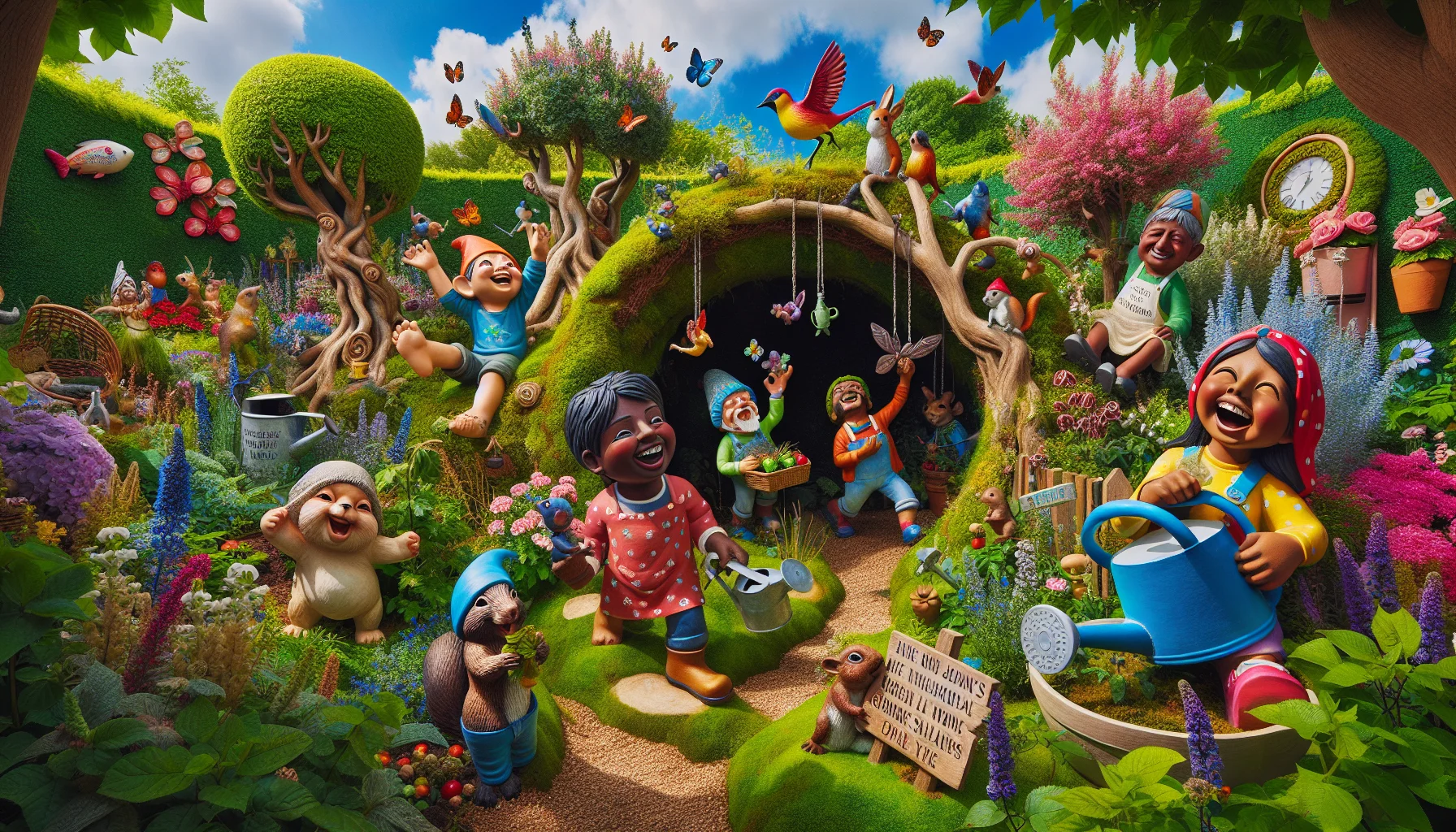 Create a vibrant scene of a hidden hollow in a garden, adorned with quirky and whimsical sculptures and installations. Include garden gnomes engaged in humorous antics like chasing butterflies or swinging on vines, mischievous squirrels playing with watering cans, and funny signs with enjoyable gardening puns. Show a South Asian man laughing while holding a trowel, a Hispanic woman chuckling whilst pruning a shrub, and a Black child grinning widely, hands filled with fresh berries. Let the luscious greenery, blossoming flowers, and the blue sky serve as a comforting background, persuading onlookers of the joy of gardening.