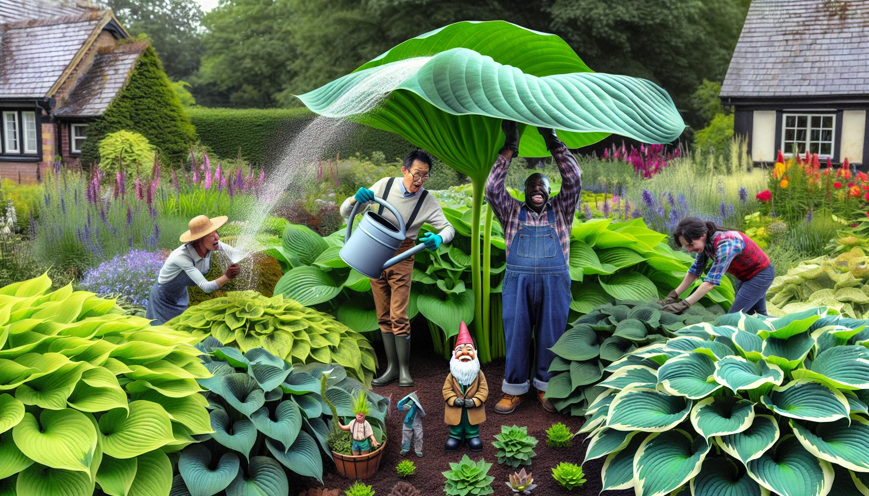 Imagine a humorous scene situated in a meticulously designed hosta garden. An Asian woman clumsily spills her watering can onto her gardening gloves while a Black man laughs, holding a giant, overgrown hosta leaf as if it was an umbrella shielding from the water. Nearby, a Middle Eastern child is seen trying to 'plant' a garden gnome upside down. All these quirky actions happen amidst a lush landscape filled with various types of hostas, ranging in color from vibrant green to cool blue, creating a visual symphony of foliage.
