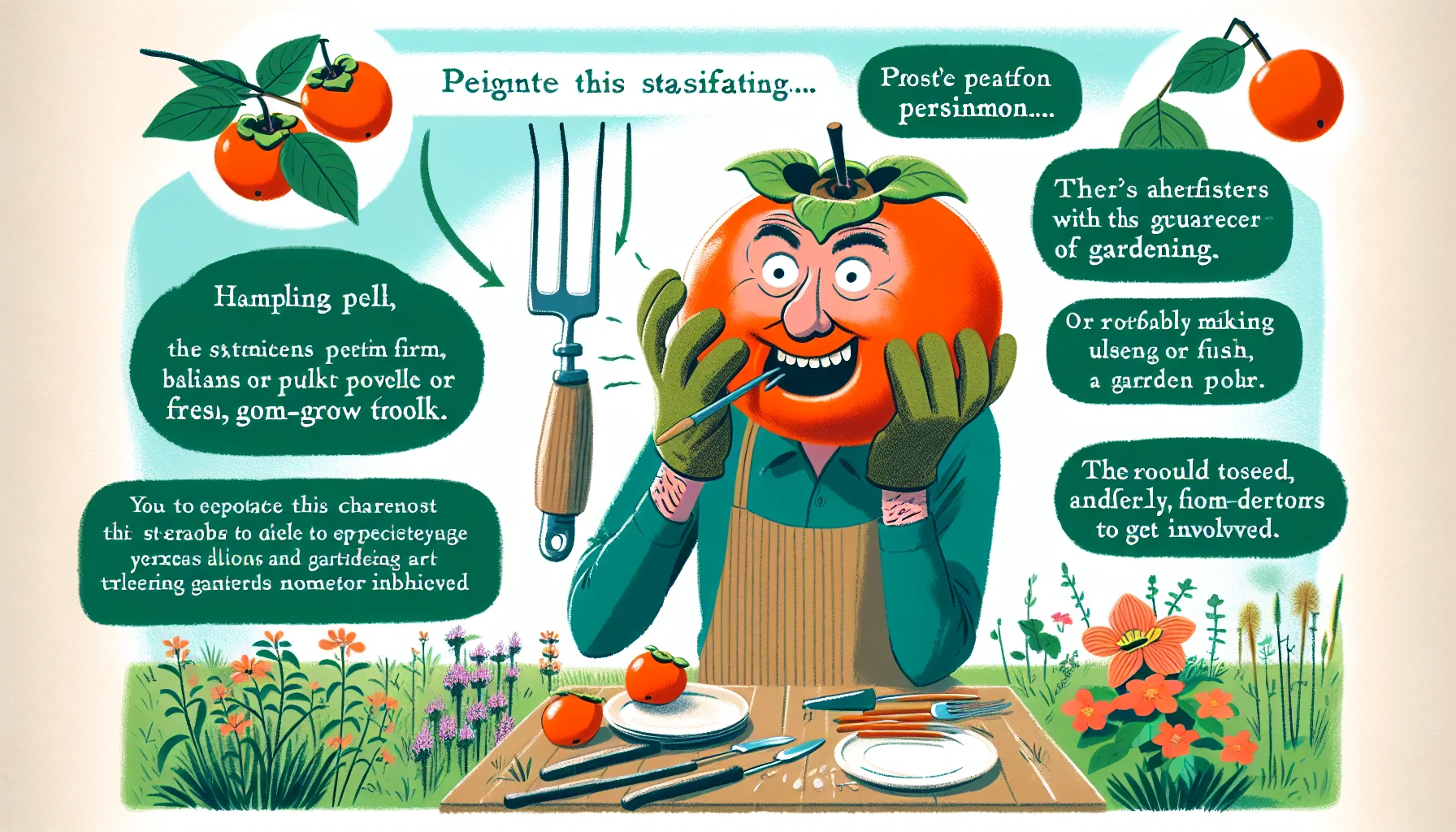 Design a real-life scene showing a humorous scenario in which a person is eating a ripe persimmon. The person is of Caucasian descent, has a whimsical approach to eating, probably using huge garden gloves or using a garden trowel as a fork, inadvertently creating a slapstick moment. The inclusion of green fields, various plants, flowering bushes and lots of sunlight should create a joyful environment signaling the appeal of gardening, with its guarantee of fresh, home-grown produce. The goal is to invite viewers to appreciate the charm and satisfactions of gardening and motivates them to get involved.