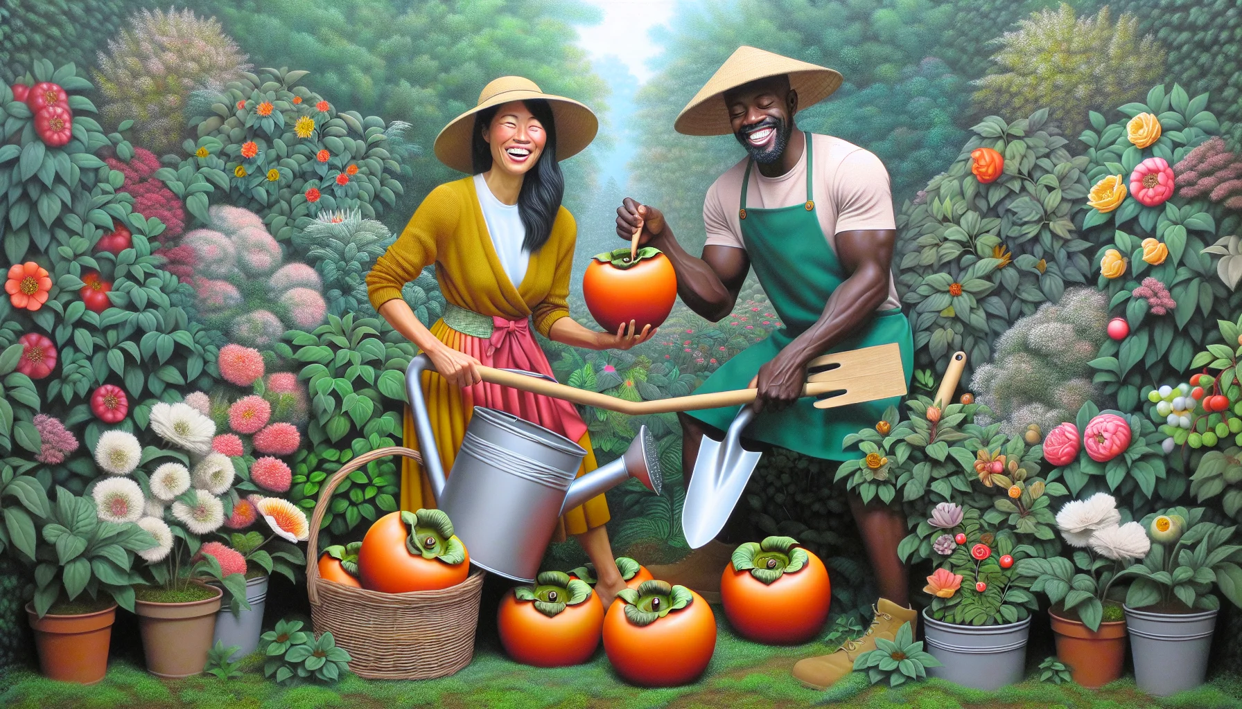 Create an image centered on a whimsical garden scenario. Picture this: a Filipino woman and a Black man, both dressed in vibrant gardening attire, surrounded by verdant vegetation and blooming flowers. In their hands are ripe persimmons, which they are comically trying to eat with oversized gardening tools - the woman with a large watering can and the man with a big trowel. Their expressions are full of laughter and amusement, subtly encouraging everyone to cherish the joy and humor in simple gardening activities.