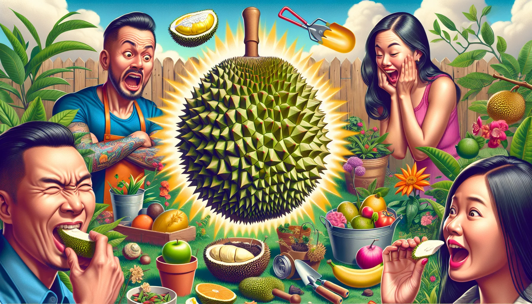 Generate a humor-filled, detailed image showcasing the unique flavor profile of a durian. Display an array of human reactions to its taste - a hesitant Caucasian man wrestling with its smell, a happy Hispanic woman savoring the flavor, and a South Asian child who is surprised at the initial taste. Additionally, portray encouraging gardening elements like a variety of lush plants, colorful fruits and vegetables, gardening tools, and a sunny backdrop. The overall scene should emanate joy, playfulness, and the pleasure of home-gardening.