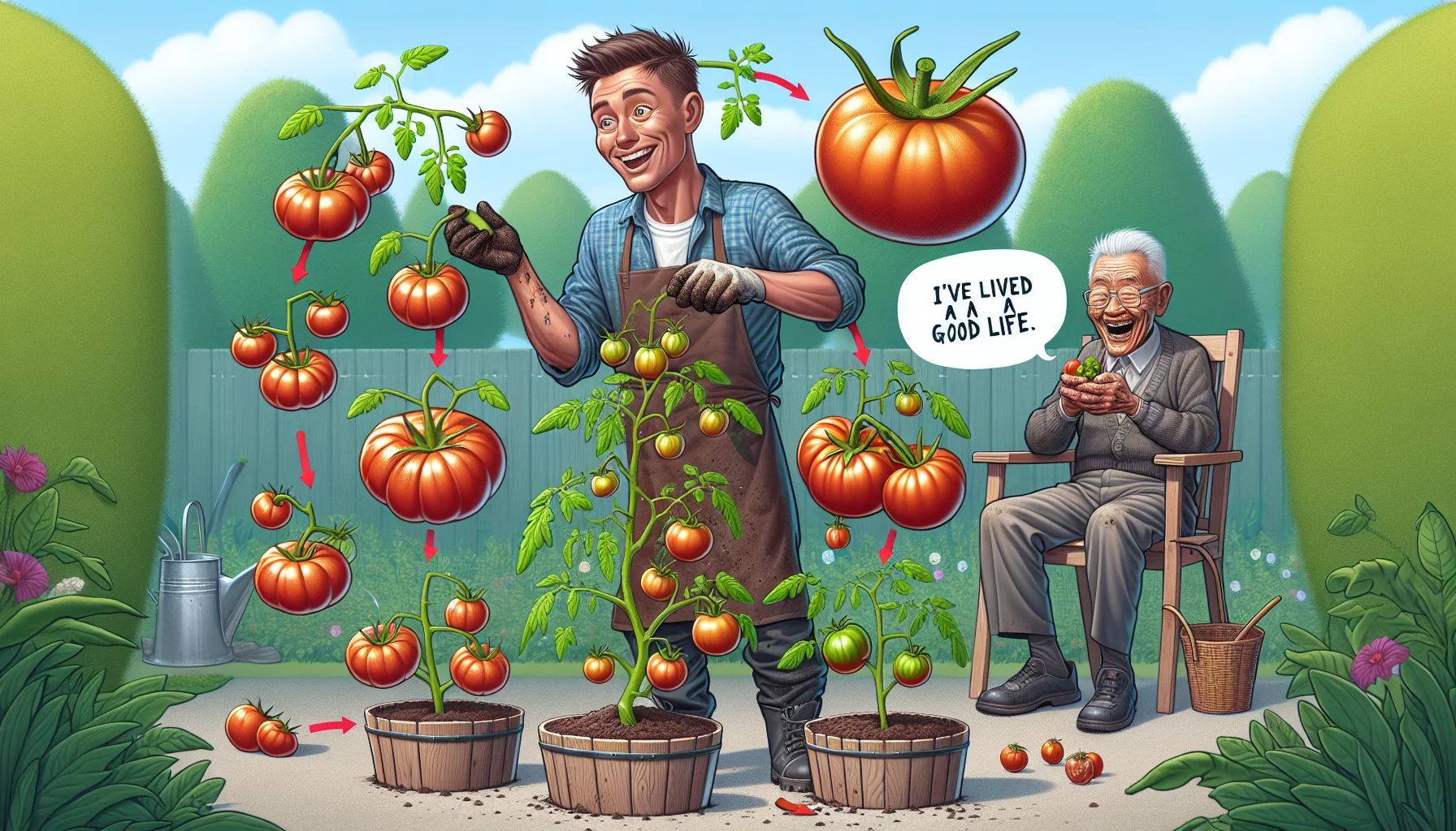 Create a detailed and humorous image illustrating the life cycle of tomato plants in a garden setting to encourage people to enjoy gardening. In the foreground, picture a Caucasian male gardener, with dirty hands and a grin on his face, holding a small tomato seedling. In the middle ground, display a black woman meticulously tending to a thriving tomato plant with numerous ripening tomatoes. Then, in the background, portray an elderly Asian man sitting on a garden bench, laughing heartily while examining an overgrown, drooping tomato plant with a sign declaring 'I've lived a good life'. Let's show how fun and satisfying gardening can be!