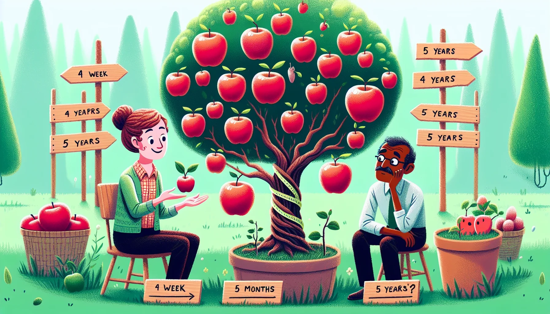 Imagine a whimsical scene in a garden. In the forefront, a Caucasian woman happily tends to the apple tree whose branches are laden with ample ripe red apples. A slightly befuddled South Asian man stares at his tiny apple sapling in a pot next to her with a single small fruit hanging. Behind them lies a series of wooden signs showing the growth stages of an apple tree from sapling to fruit-bearing tree, with each sign humorously exaggerating the time it takes like '1 week', '2 months', '5 years'? It's a whimsical reminder for people to appreciate the rewarding, albeit lengthy, process of growing an apple tree.