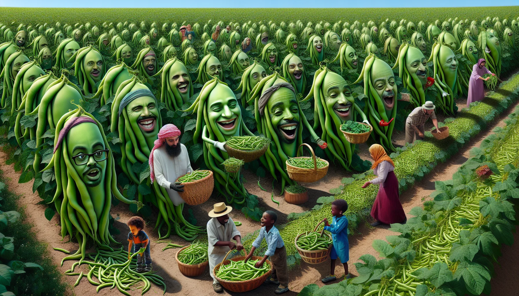 Generate a humorous and realistic image capturing the concept of how many green beans each plant can produce. Show a garden full of green bean plants in full bloom, each drooping under the weight of abundant, ripe, vibrant green beans. Include a few anthropomorphic green bean plants with exaggerated expressions of surprise or pride at their bountiful harvest. Intermingle these elements with scenes of people from various descents and genders—Middle-Eastern woman, Hispanic man, Black child—joyfully engaged in gardening, tending the plants, overflowing baskets of beans in hand, and being amazed by the productivity of the plants. Let this image inspire viewers to take up gardening.