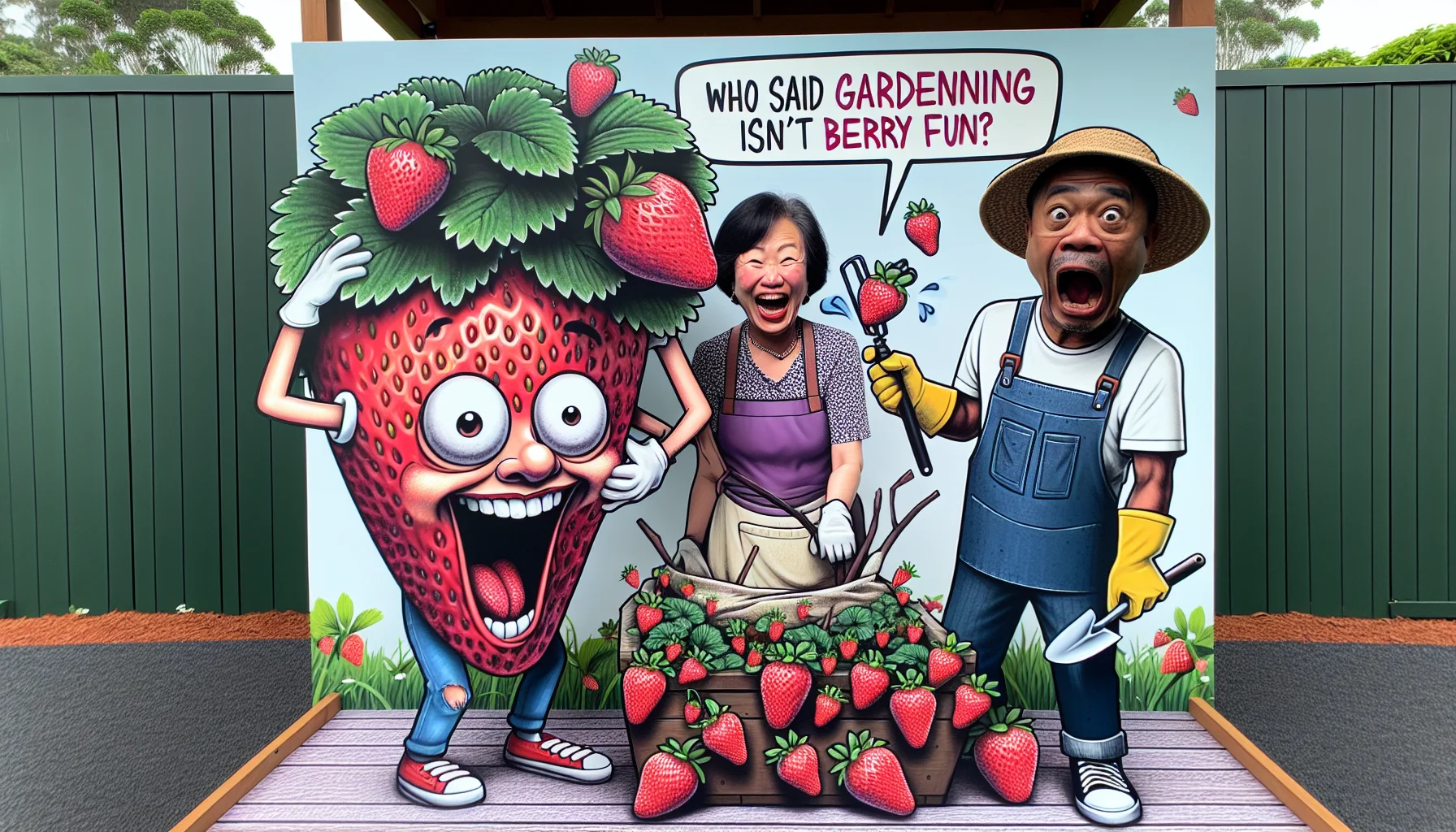 Imagine a hilarious scene in the garden. A strawberry plant is bursting with so many bright red juicy strawberries, it's leaning sideways and a cartoon face on it is wide-eyed with surprise. Next to it stands an Asian woman, in her 50s, enthusiastic about gardening, with dirty gloves and a straw hat, laughing heartily. Behind her, a Black man in his 20s, donning a gardening apron and tools, eyes wide open in disbelief. There's a banner that reads, 'Who Said Gardening Isn't Berry Fun?'. Our goal here is to make people feel the joy and abundance of gardening.