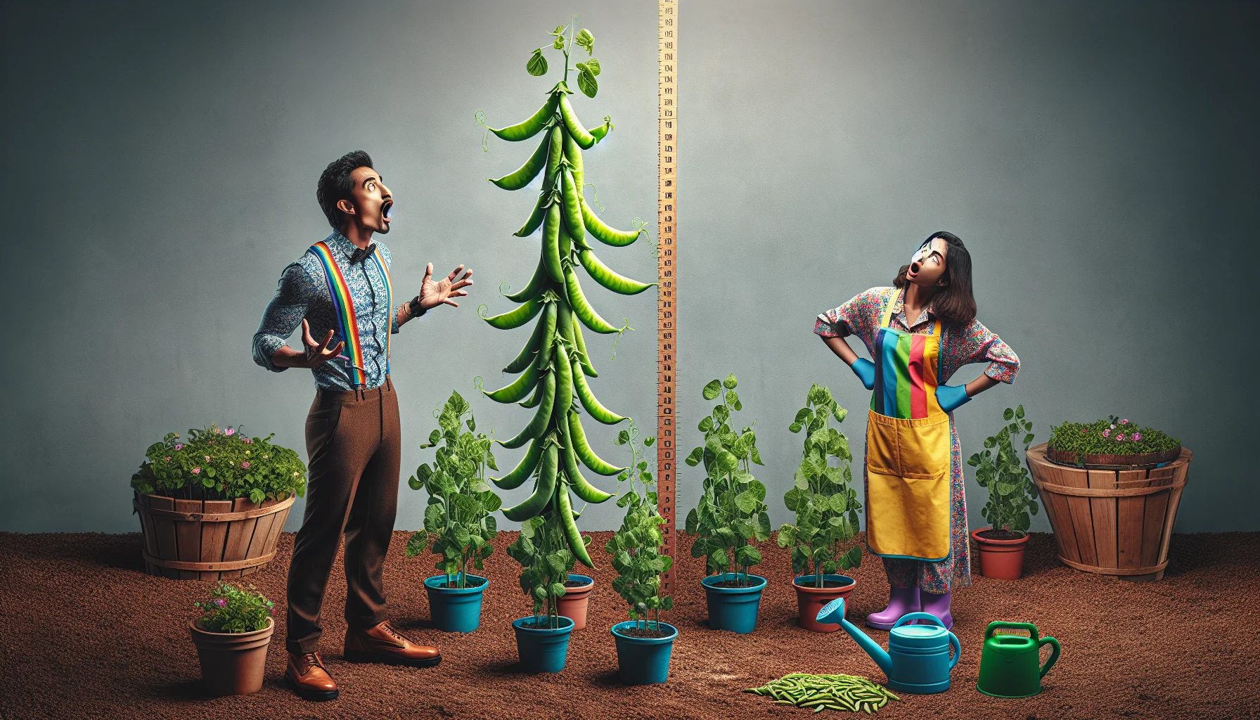 Produce an image that captures an intriguing and humorous scenario related to gardening. This image should focus on sugar snap peas and their surprising growth height. The setup should seem realistic and should spotlight a person standing awestruck next to the towering sugar snap peas vine, which has escalated more than a chart kept for measuring the height. Their expression should reflect the hysterical and unexpected growth of the peas. This person should be a South Asian female dressed in colorful gardening attire, with a watering can in one hand. The overall vibe should encourage people to find joy in the process of gardening.