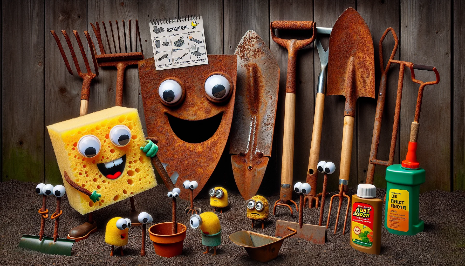 Create a humorous and eye-catching scene of a garden filled with rusty tools eagerly awaiting their revamp. An oversized sponge, with googly eyes and a broad smile, is captured in the act of scrubbing a rusted spade, both anthropomorphized to entertain the viewer. A collection of gardening tools, like a rake, trowel, and shears, watches the spectacle with expressions of surprise, laughter, or eagerness on their faces. A creatively designed step-by-step instruction pamphlet, indicating how to clean and maintain the tools, is placed next to a bottle of rust remover. This image instills an element of fun into gardening chores.