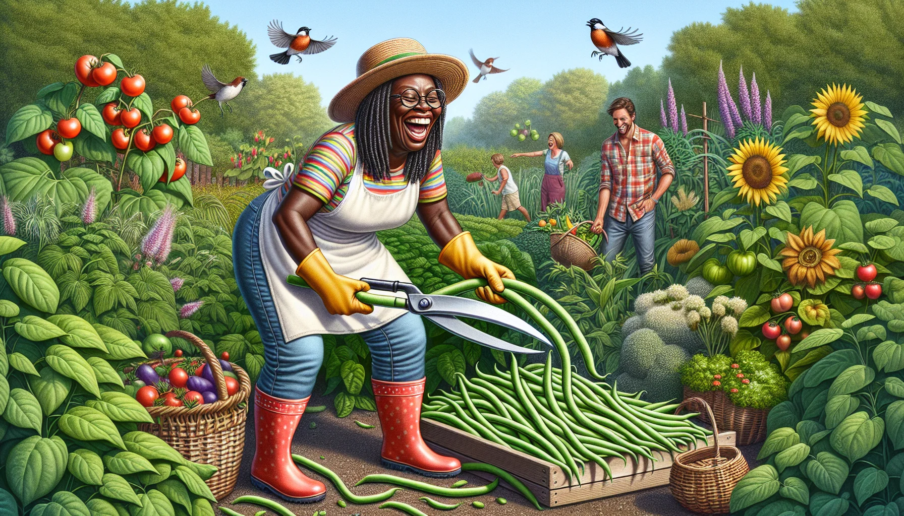 Let's bring some humor into gardening. Picture a detailed and realistic image of an outdoor scene. In the heart of this scene is a Black woman, full of laughter, demonstrating how to cut green beans. She's dressed in a colorful gardener's outfit, complete with gloves, a straw hat, and rubber boots. The green beans are exaggeratedly large, like the size of her forearm, giving the scene a whimsical feel. The garden around her is lush, with all varieties of plants - from tall sunflowers to ripe tomatoes. Feathered companions - red robins and sparrows, add to the cheerful atmosphere.