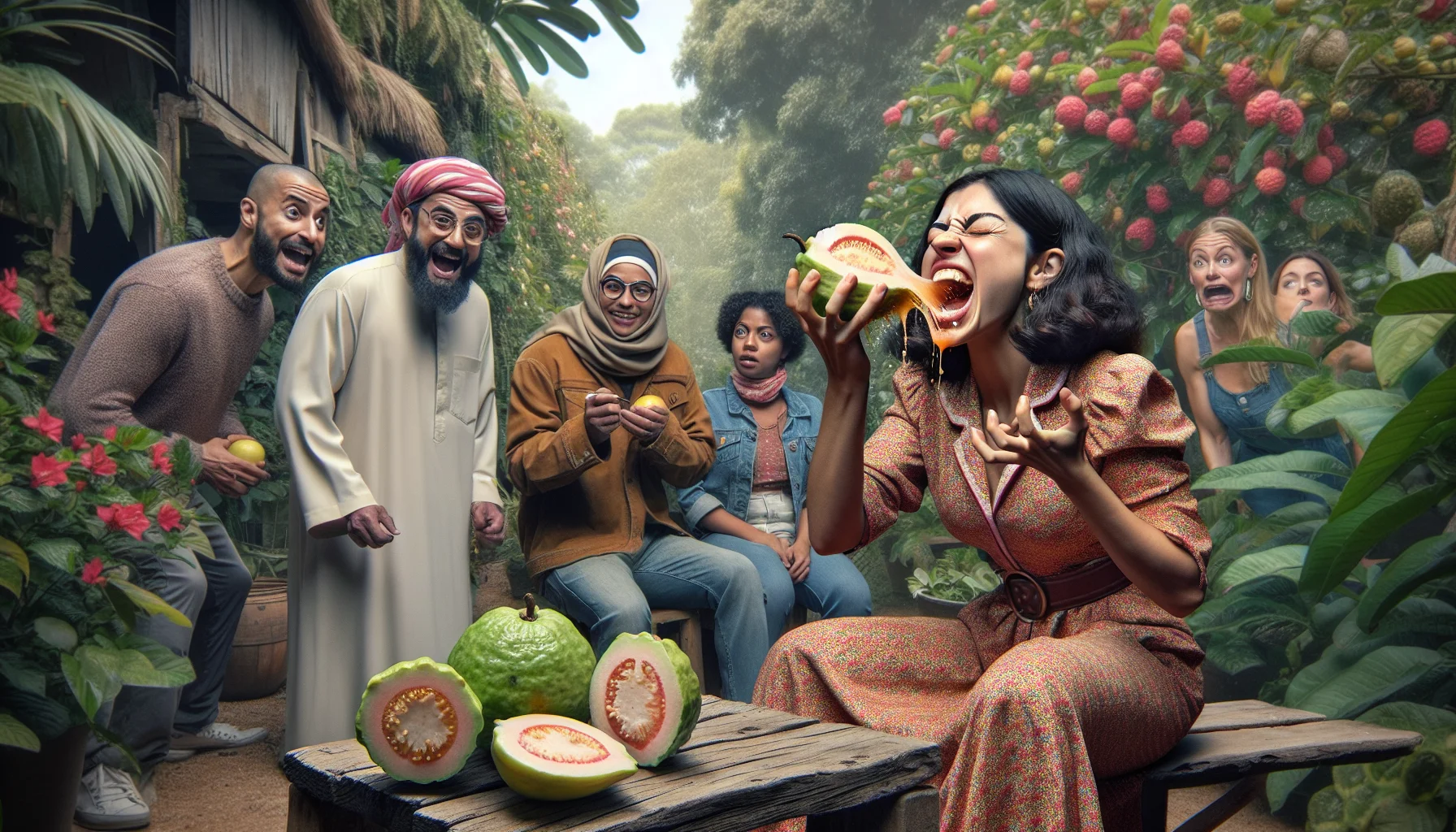 Create a hyper-realistic image of a humorous scenario taking place in a lush, vibrant garden. In the foreground, a Hispanic woman is seated on a rustic wooden bench, demonstrating how to enjoy a fresh guava. She is mid-bite into the ripe fruit, juice dribbling down her chin and a wide, joyous smile on her face. Around her, curious friends, a Middle-Eastern man and a Black woman, are watching on in amusement, the man holding a guava of his own uncertainly. The background scene is full of a variety of blooming plants, indicating the richness and rewards of gardening.