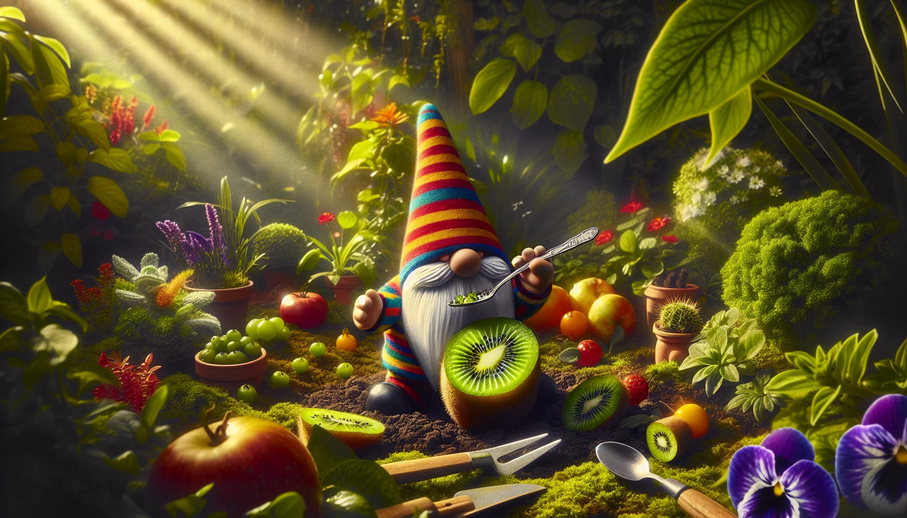 Create a humorous and engaging image depicting a garden scenario. In the center, a colorful and striped garden gnome with a long white beard is attempting to eat a kiwi fruit with a small silver spoon, showcasing the proper way to enjoy this healthy snack. He is surrounded by lush, varied vegetation with patches of vibrant fruits and vegetables. Sunlight pours down, creating a warm, inviting scene. Garden tools are scattered around the gnome, implying he took a playful break from gardening. This scenario aims to promote the joy of gardening and fruit consumption.