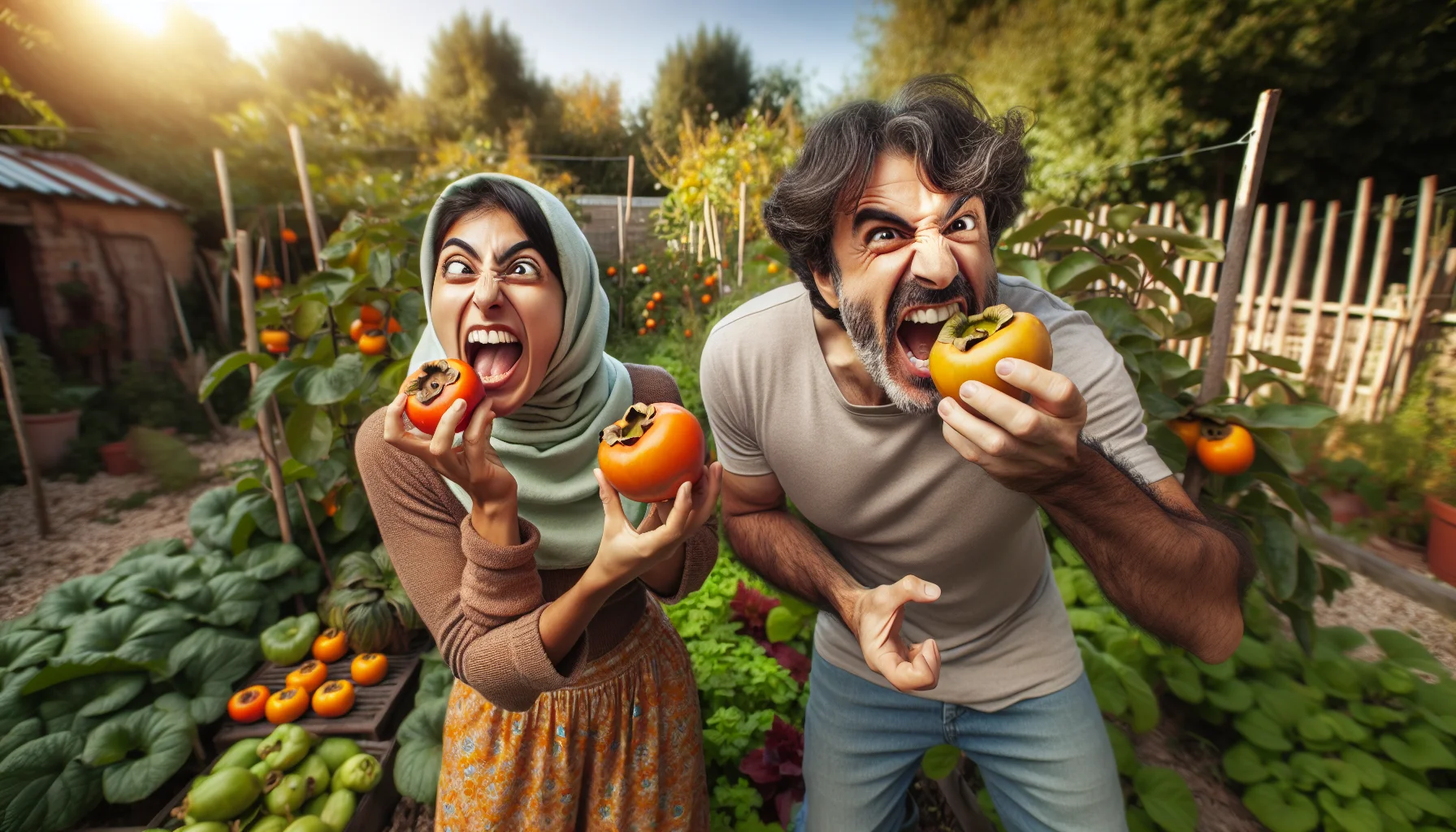 Imagine a scene that is both amusing and promotes an enthusiasm for gardening. In the foreground of a lush garden filled with diverse, thriving plants, there's a Middle-Eastern woman and a Hispanic man. They are animatedly demonstrating how to eat a persimmon. Each of them has a differently colored persimmon, one ripe orange and the other golden yellow. The woman is trying to gracefully bite into hers while the man is making a goofy face as he takes a giant bite. There's a playful twinkle in their eyes, reflecting the fun and joy in enjoying the fruits of their gardening labor.